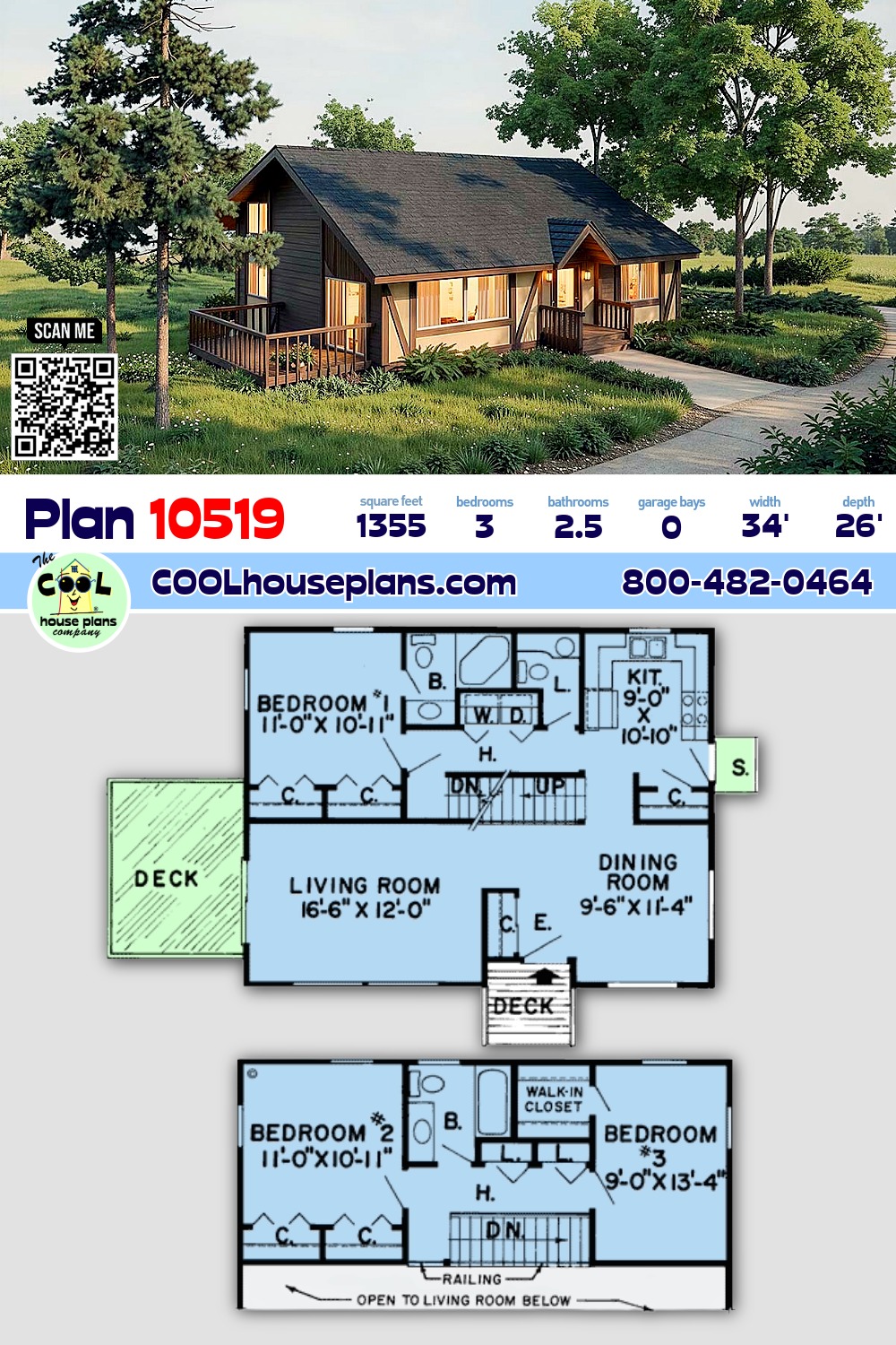 Cabin, Retro, Saltbox, Southern House Plan 10519 with 3 Beds, 3 Baths