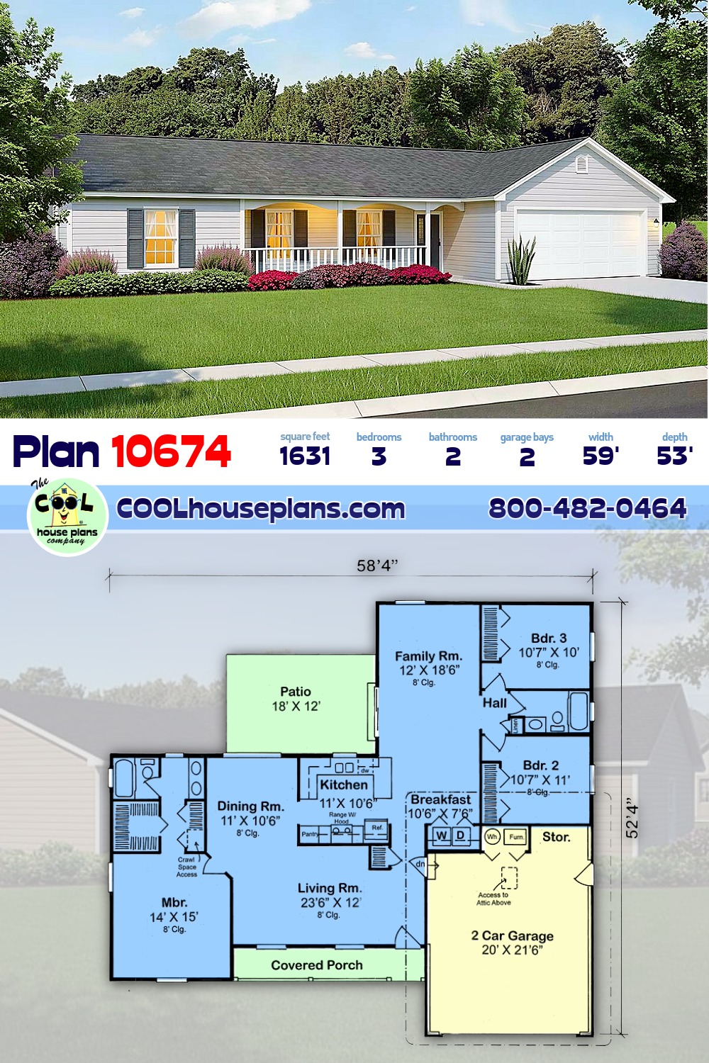 Country, Ranch, Traditional House Plan 10674 with 3 Beds, 2 Baths, 2 Car Garage