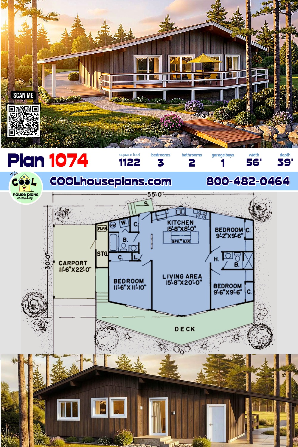Contemporary, One-Story, Retro House Plan 1074 with 3 Beds, 2 Baths, 1 Car Garage