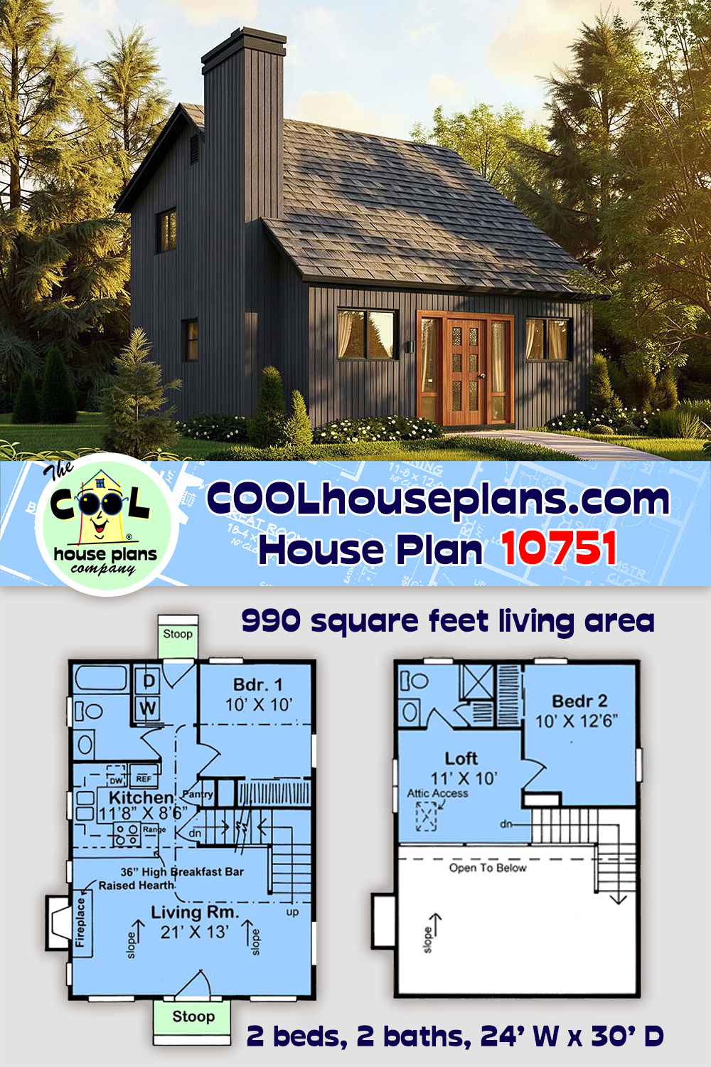 Cabin, Contemporary, Retro House Plan 10751 with 2 Beds, 2 Baths