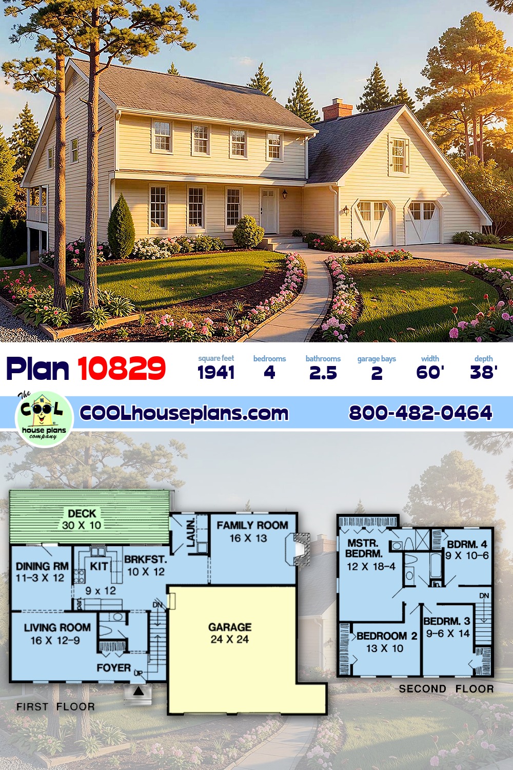 Colonial, Saltbox House Plan 10829 with 4 Beds, 3 Baths, 2 Car Garage