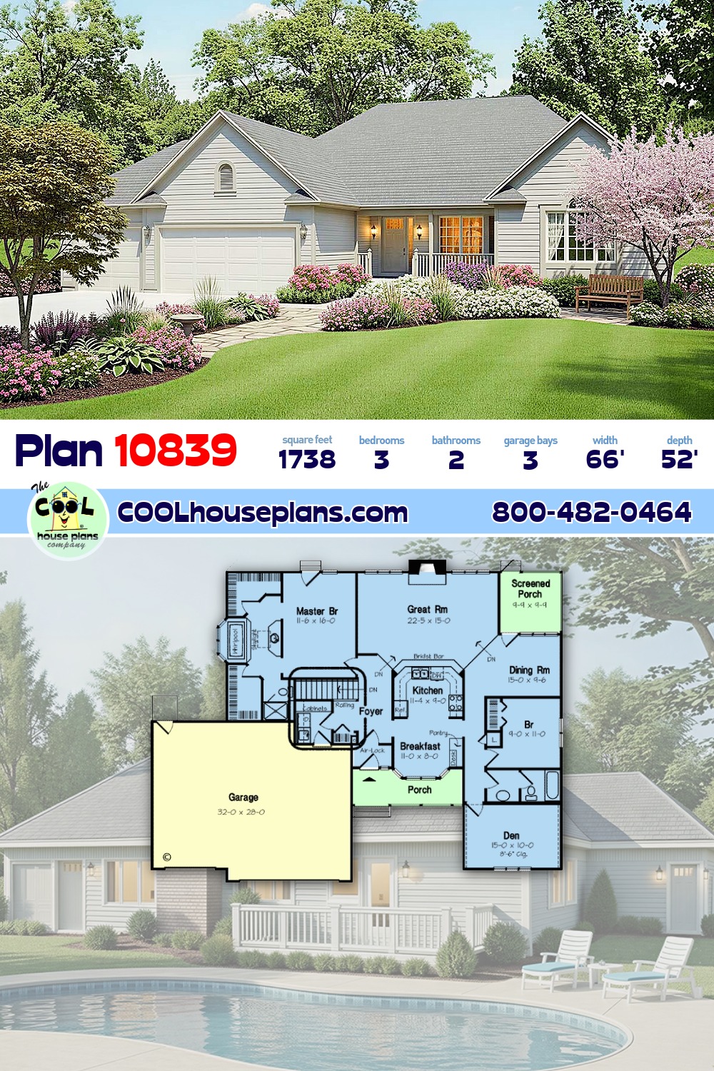 Country, Ranch, Traditional House Plan 10839 with 3 Beds, 2 Baths, 3 Car Garage