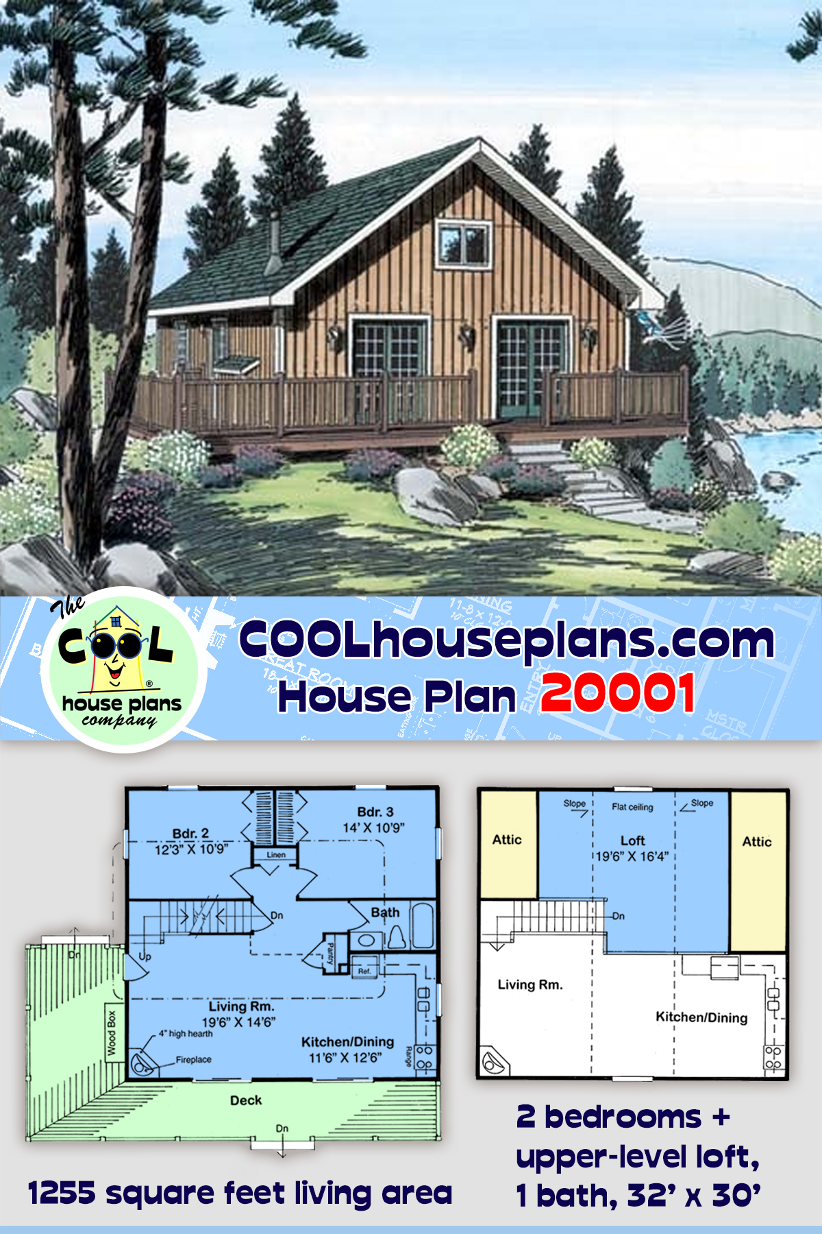 Bungalow, Cabin House Plan 20001 with 2 Beds, 1 Baths