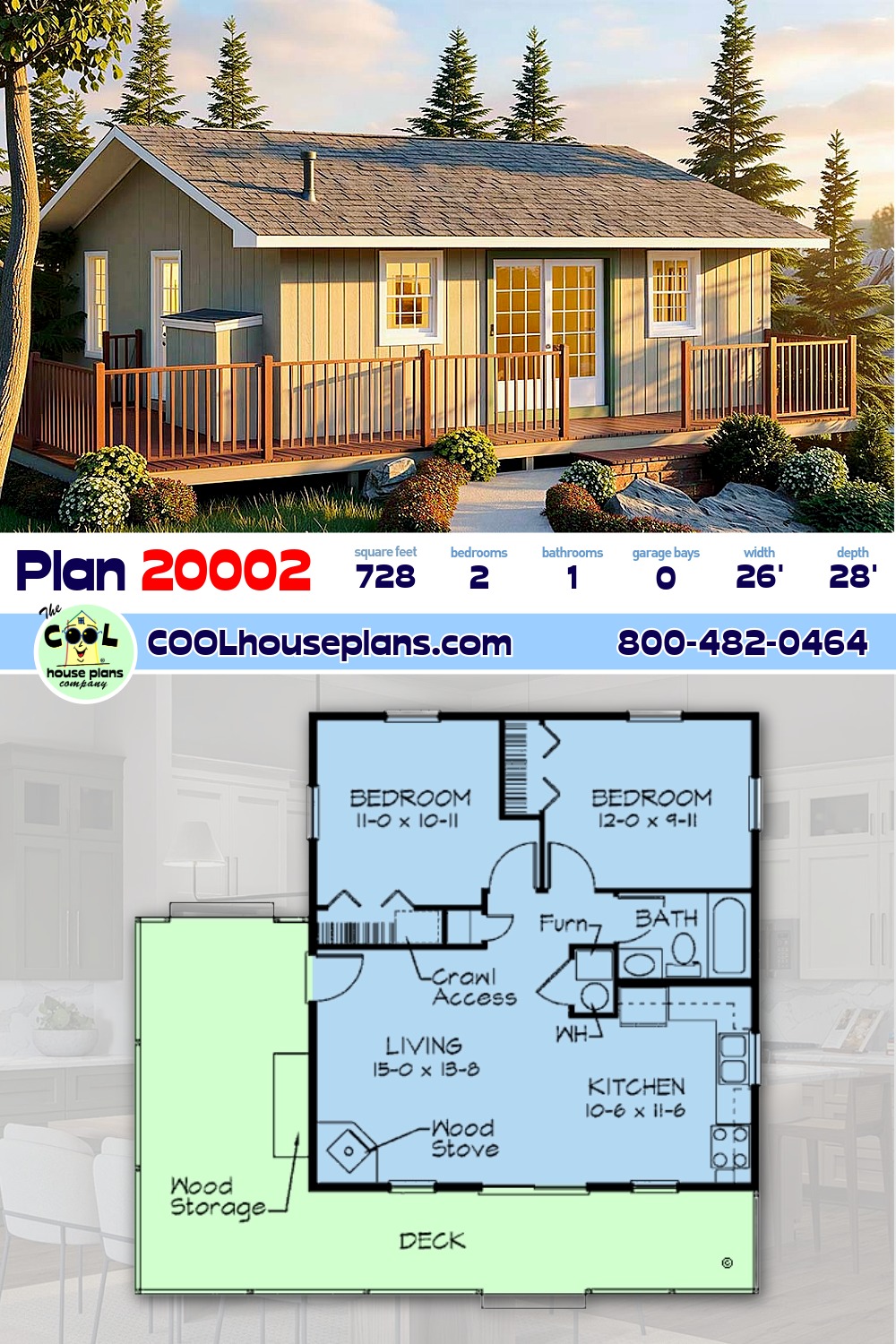 Cabin House Plan 20002 with 2 Beds, 1 Baths