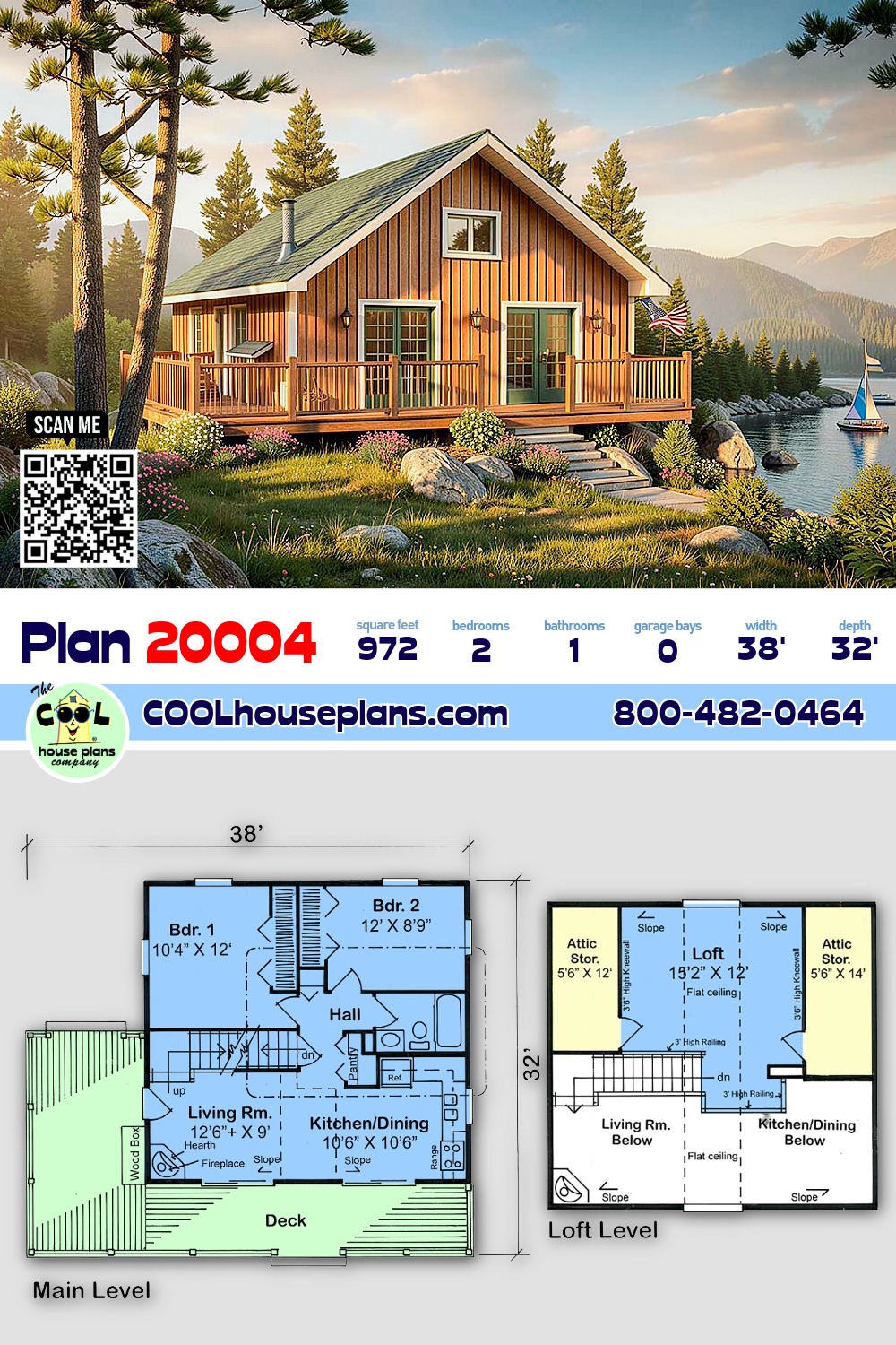 Cabin, Cottage, Traditional House Plan 20004 with 2 Beds, 1 Baths