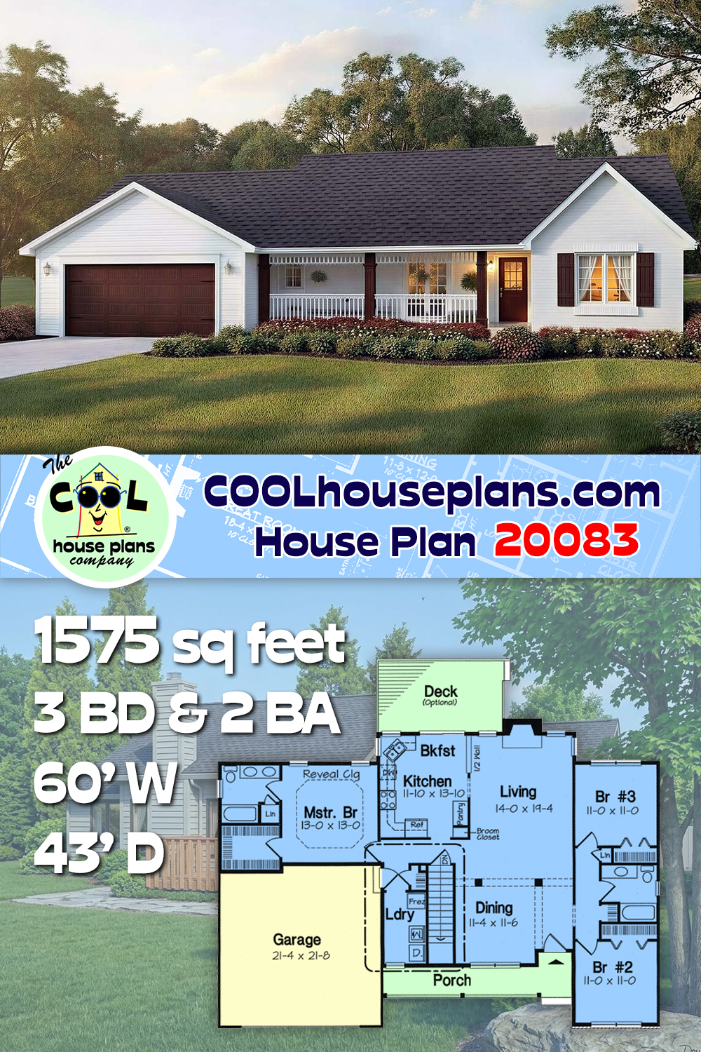 Country, One-Story, Ranch, Traditional House Plan 20083 with 3 Beds, 2 Baths, 2 Car Garage