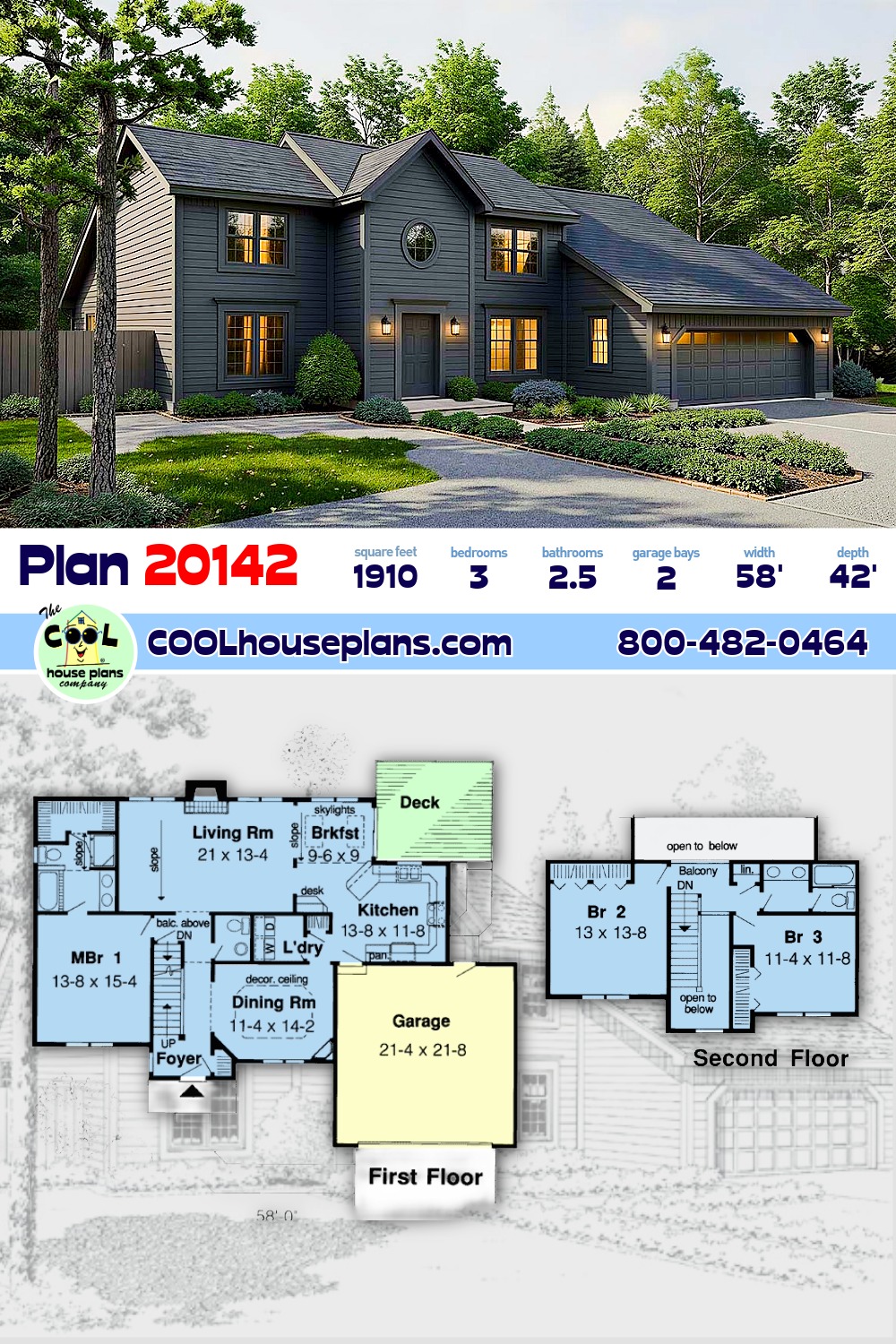 Colonial, Contemporary, Saltbox House Plan 20142 with 3 Beds, 3 Baths, 2 Car Garage