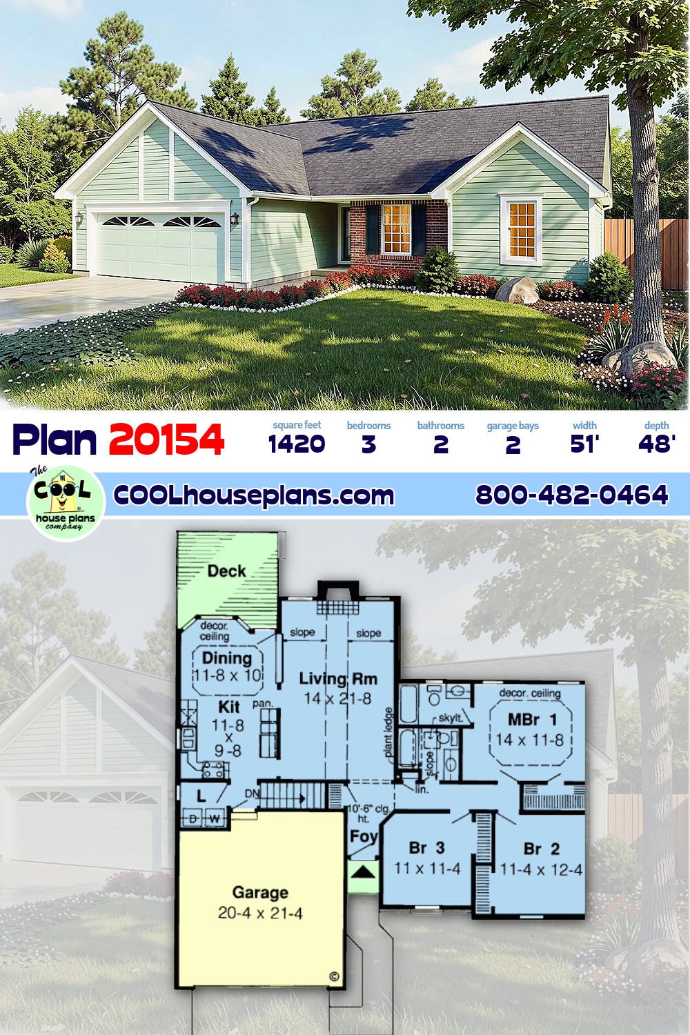 One-Story, Ranch, Traditional House Plan 20154 with 3 Beds, 2 Baths, 2 Car Garage