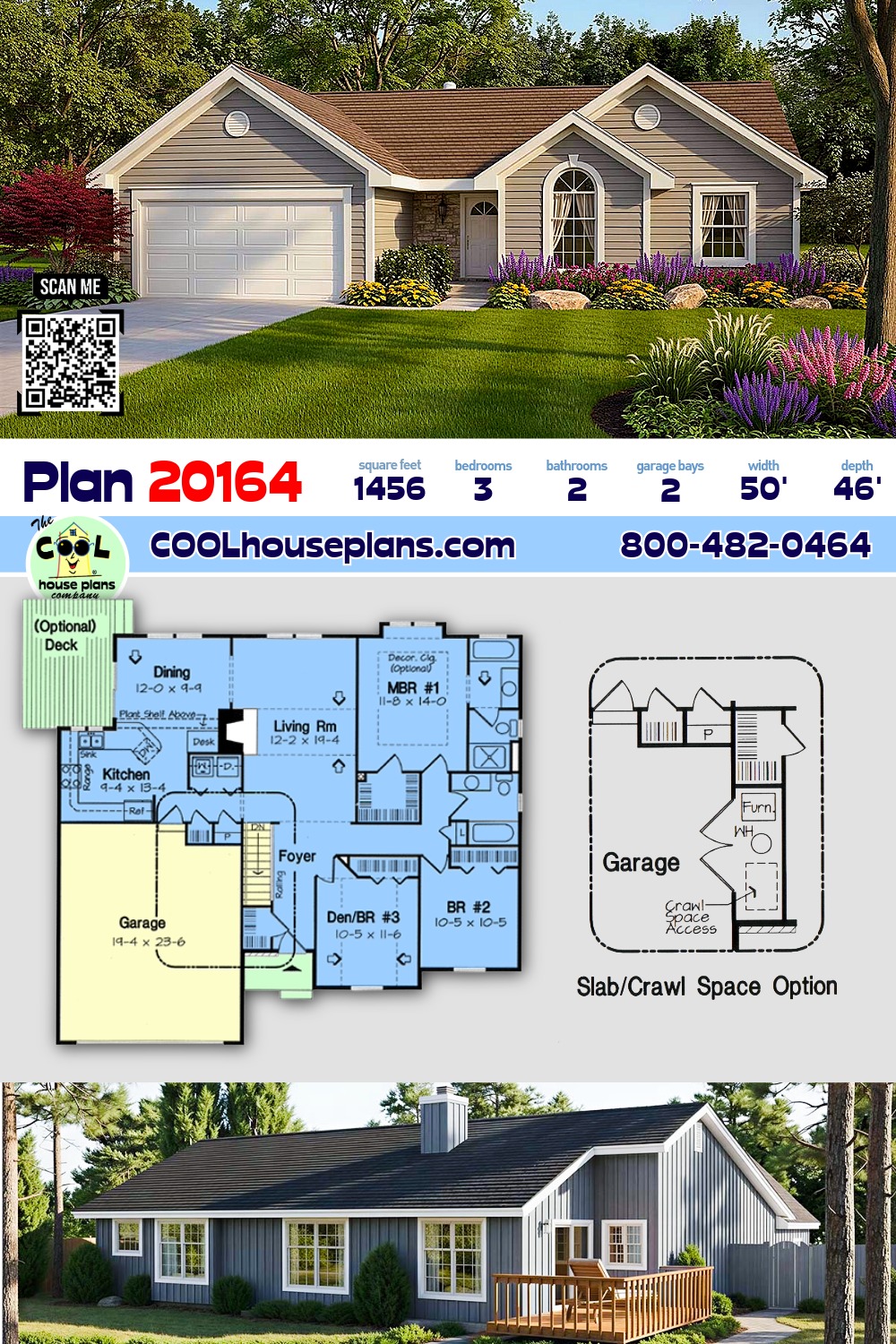 Ranch, Traditional House Plan 20164 with 3 Beds, 2 Baths, 2 Car Garage