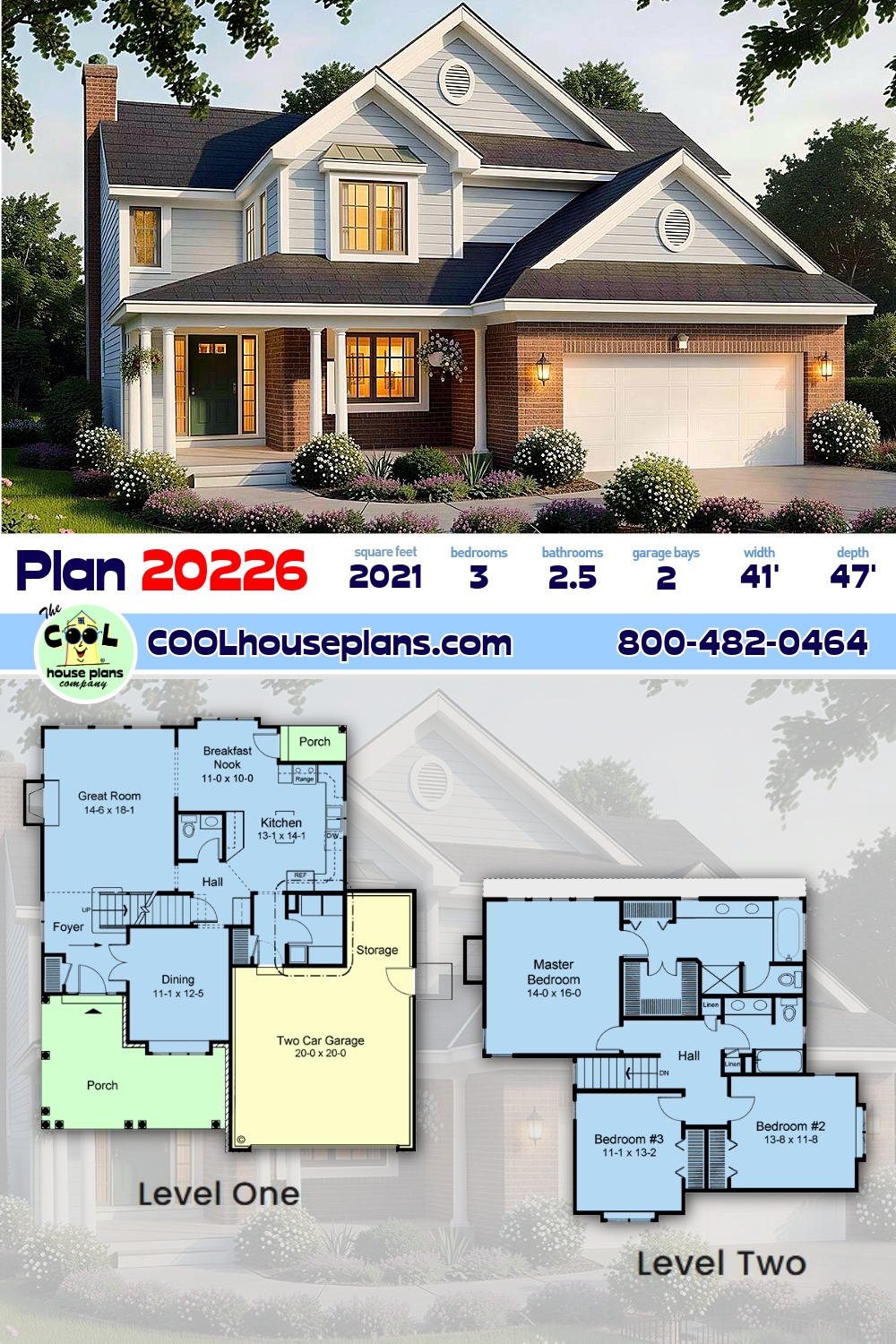 Traditional House Plan 20226 with 3 Beds, 3 Baths, 2 Car Garage