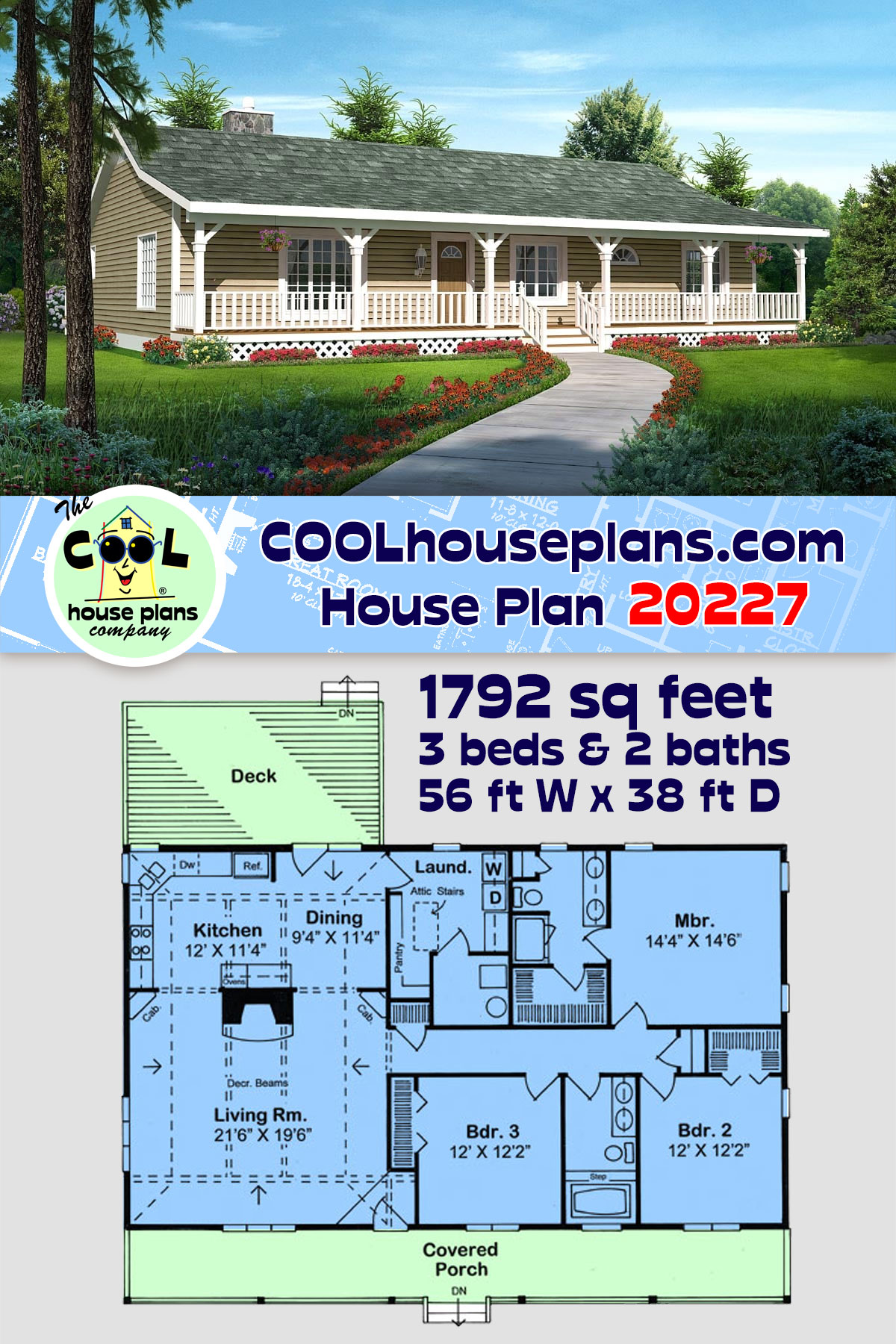 Country, Ranch, Traditional House Plan 20227 with 3 Beds, 2 Baths