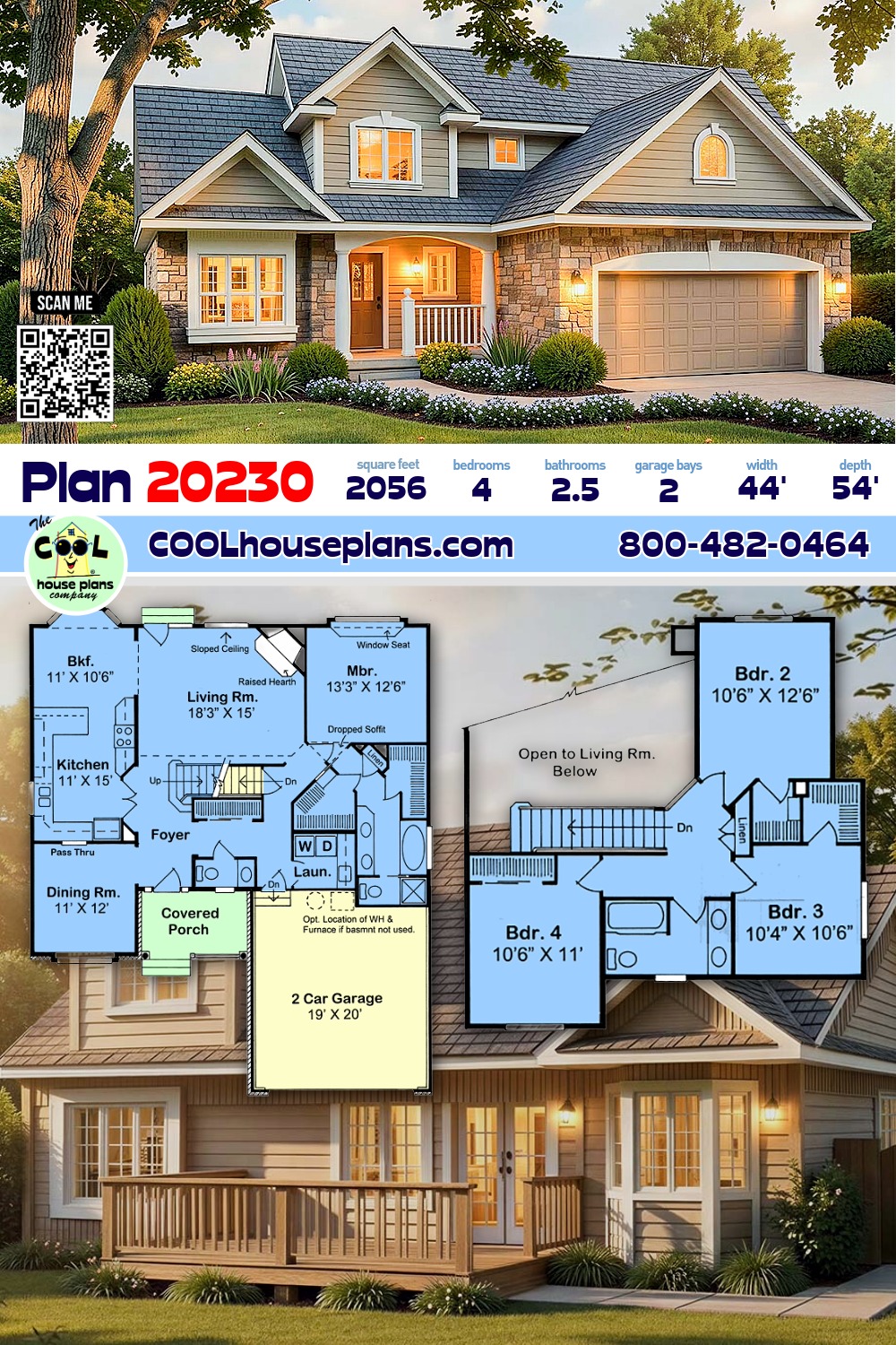 Traditional House Plan 20230 with 4 Beds, 3 Baths, 2 Car Garage