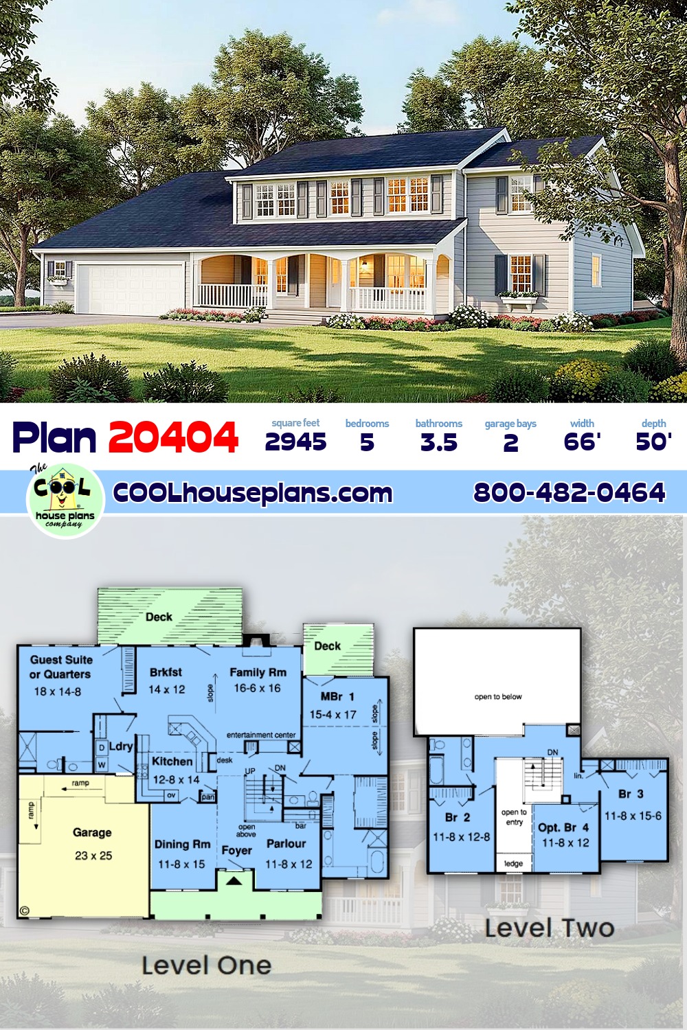 Colonial, Country, Saltbox House Plan 20404 with 5 Beds, 4 Baths, 2 Car Garage