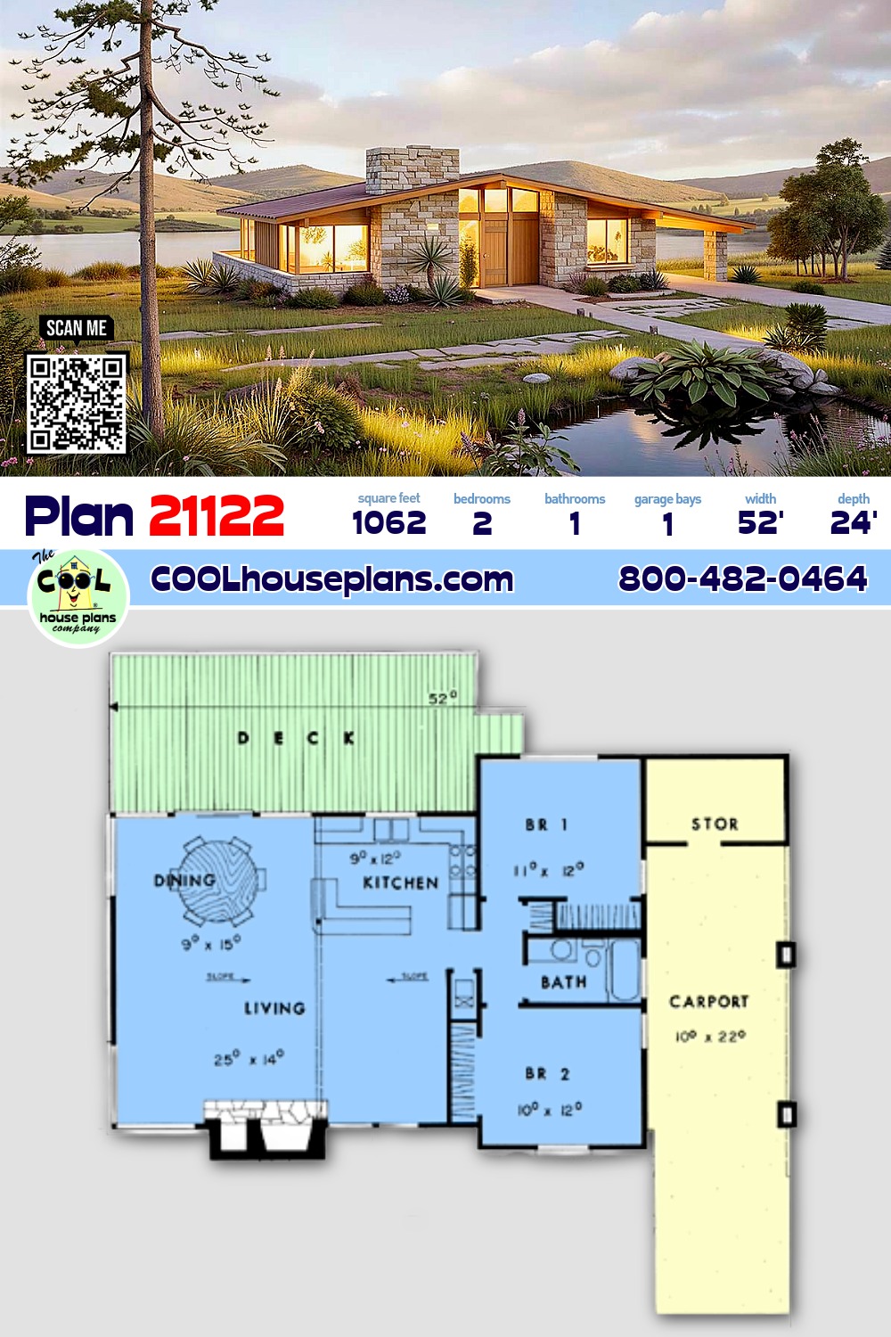 Contemporary, Retro House Plan 21122 with 2 Beds, 1 Baths, 1 Car Garage