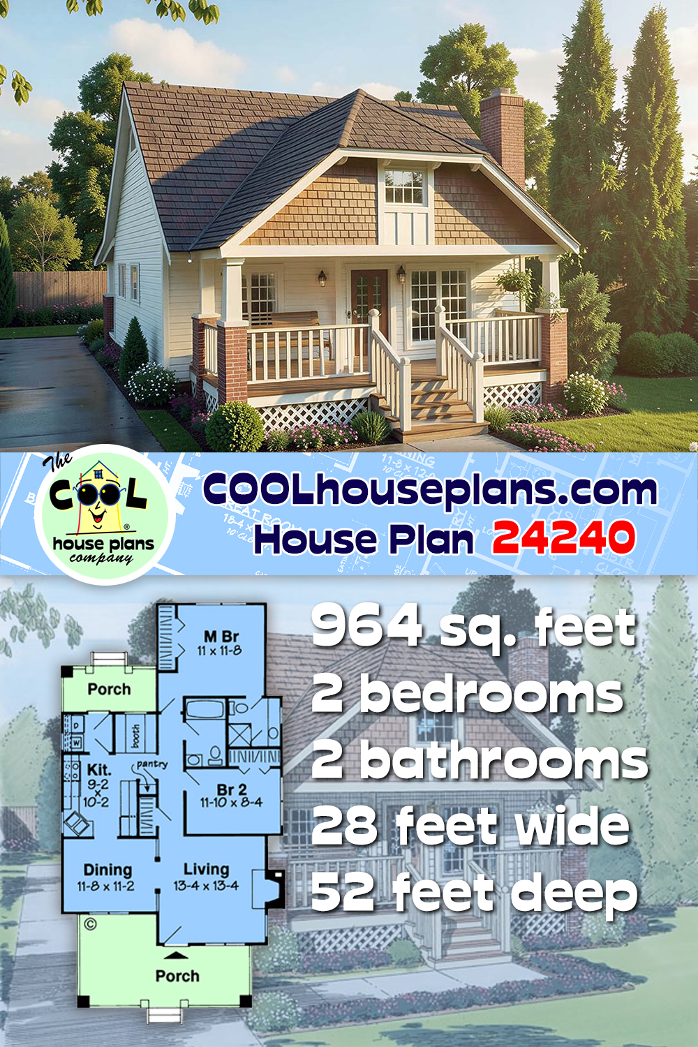Bungalow, Country, One-Story House Plan 24240 with 2 Beds, 2 Baths