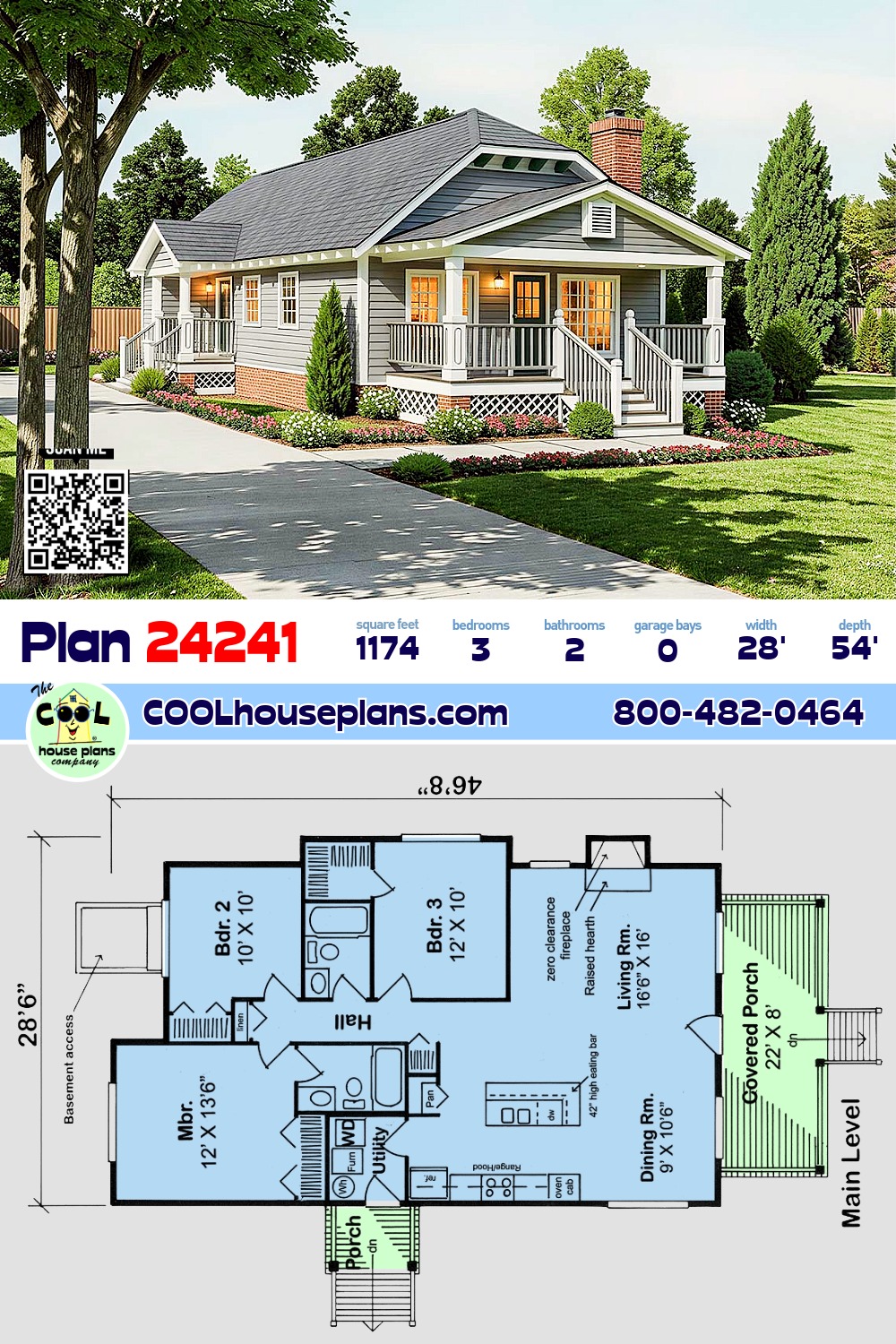 Bungalow, Country, Craftsman, One-Story House Plan 24241 with 3 Beds, 2 Baths
