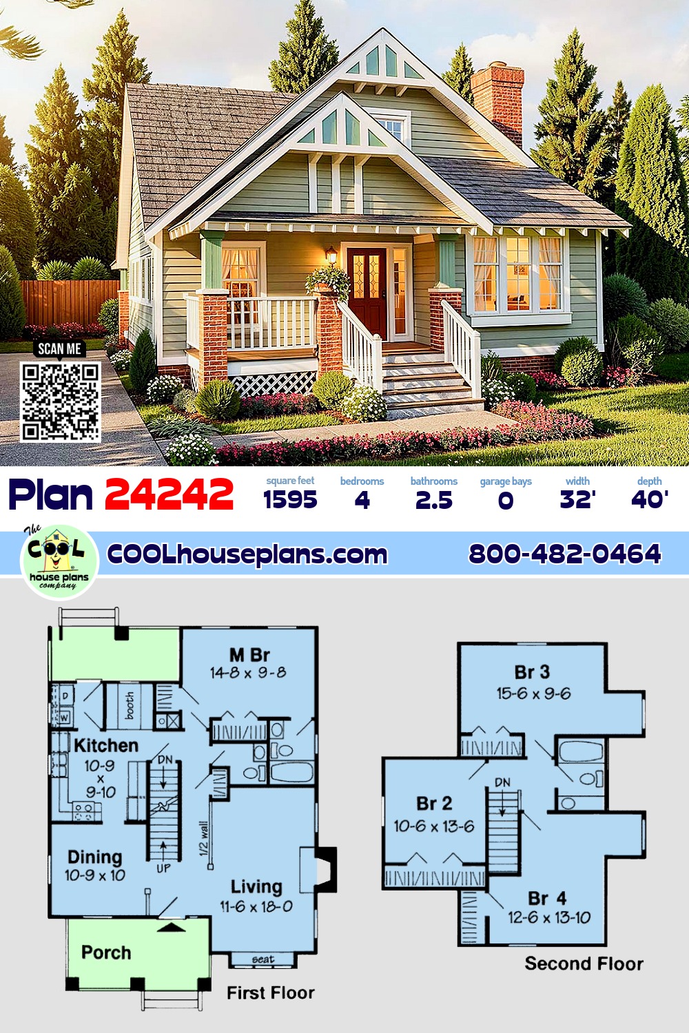 Bungalow, Craftsman House Plan 24242 with 4 Beds, 3 Baths