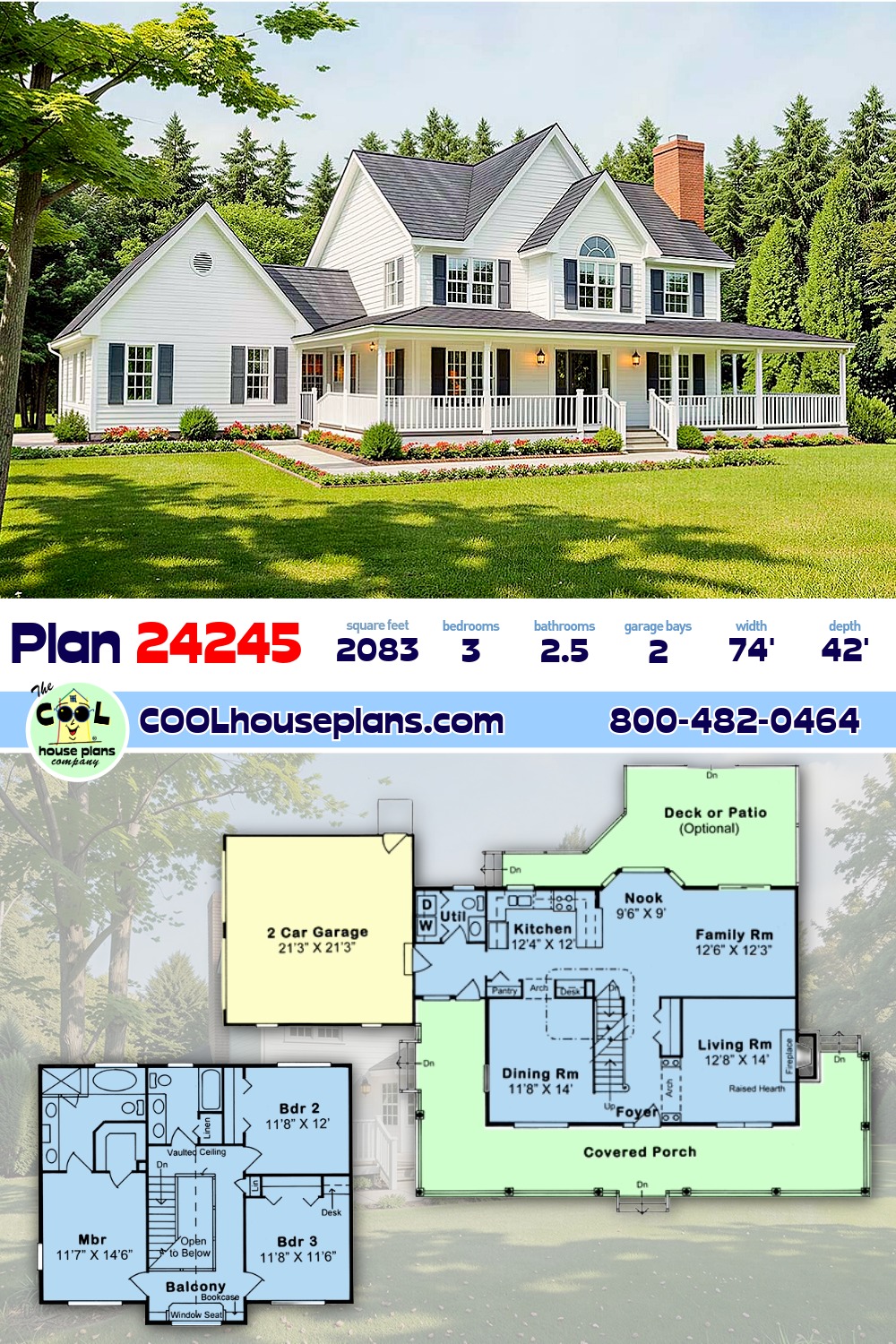 Country, Farmhouse, Southern House Plan 24245 with 3 Beds, 3 Baths, 2 Car Garage