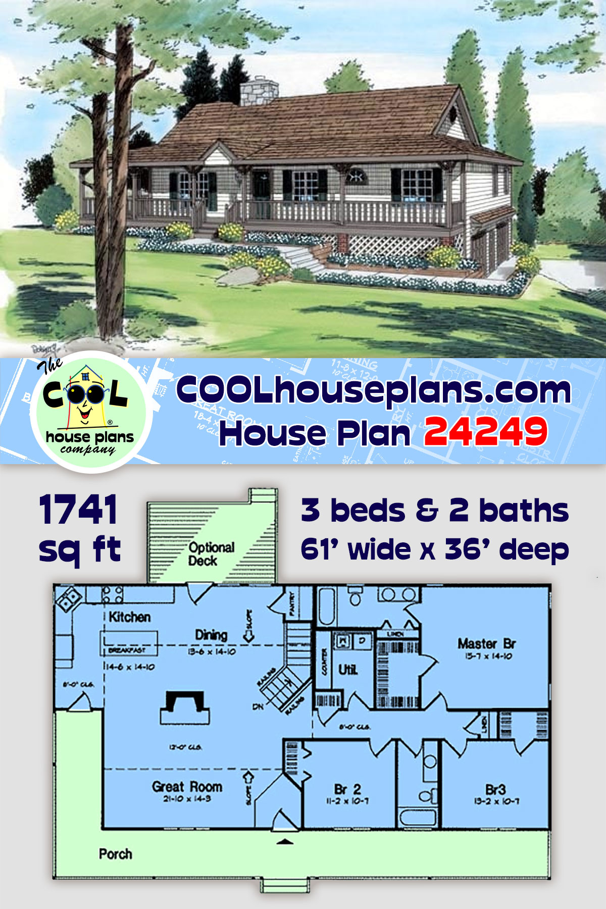 Country, Ranch House Plan 24249 with 3 Beds, 2 Baths, 2 Car Garage