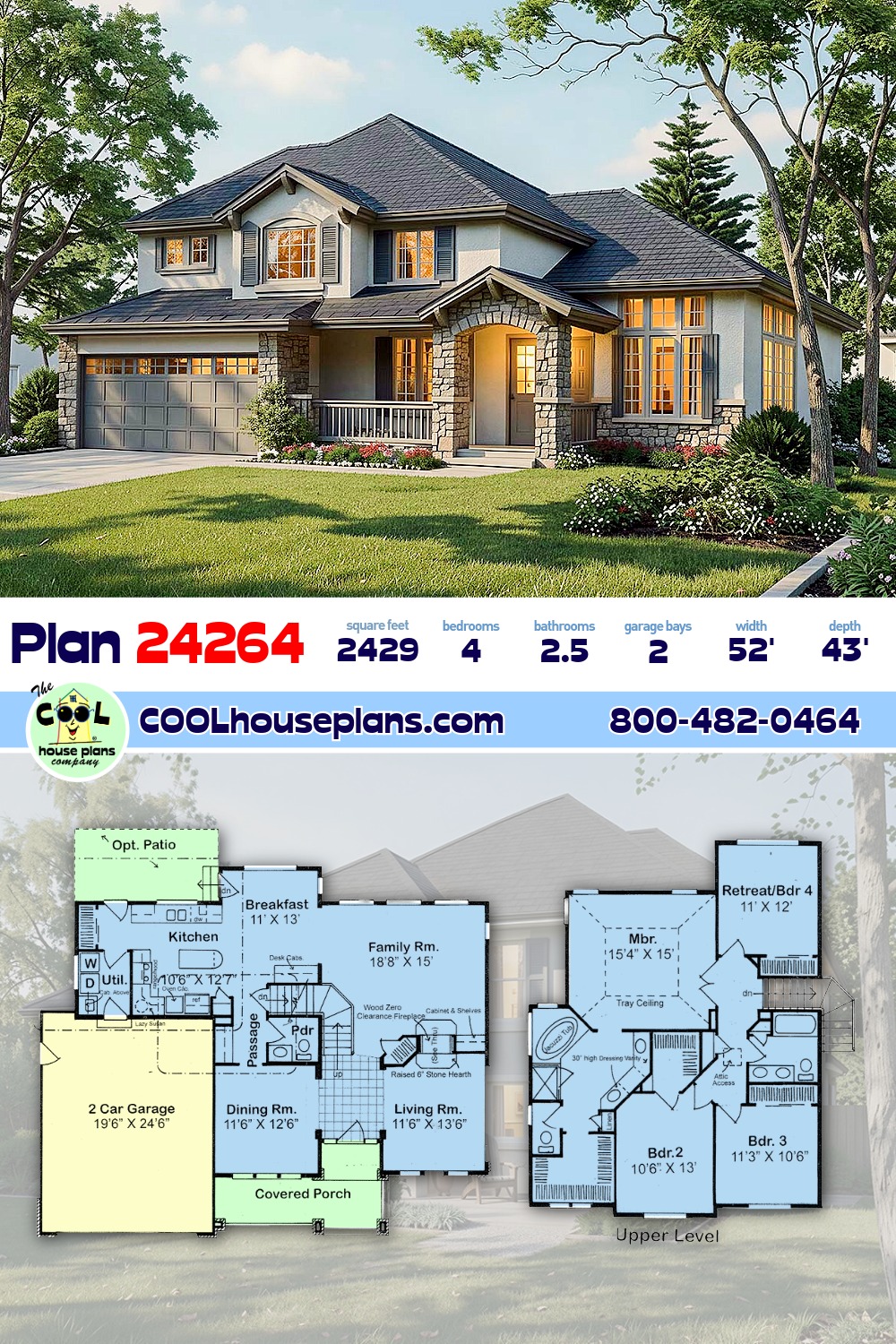 Craftsman, European, French Country House Plan 24264 with 4 Beds, 3 Baths, 2 Car Garage