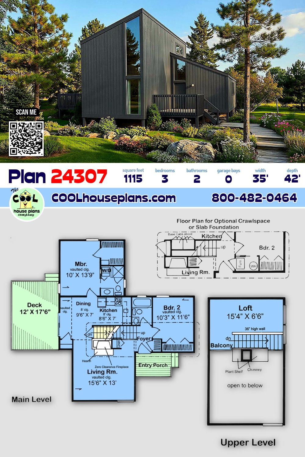 Contemporary, Modern House Plan 24307 with 3 Beds, 2 Baths