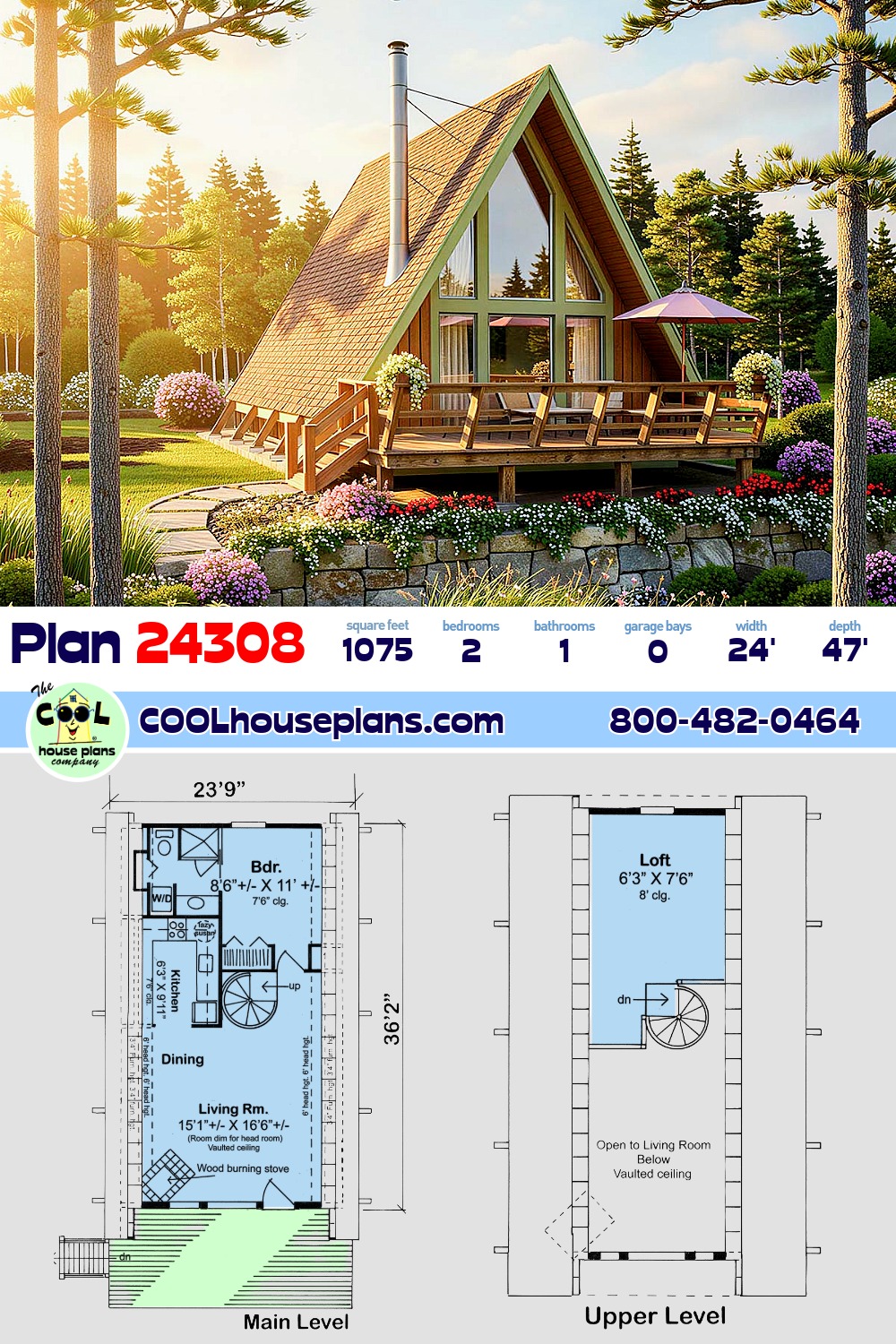 A-Frame, Contemporary, Retro House Plan 24308 with 2 Beds, 1 Baths