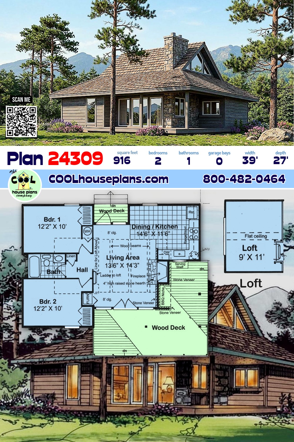 Cabin, Country, Retro, Southern House Plan 24309 with 2 Beds, 1 Baths