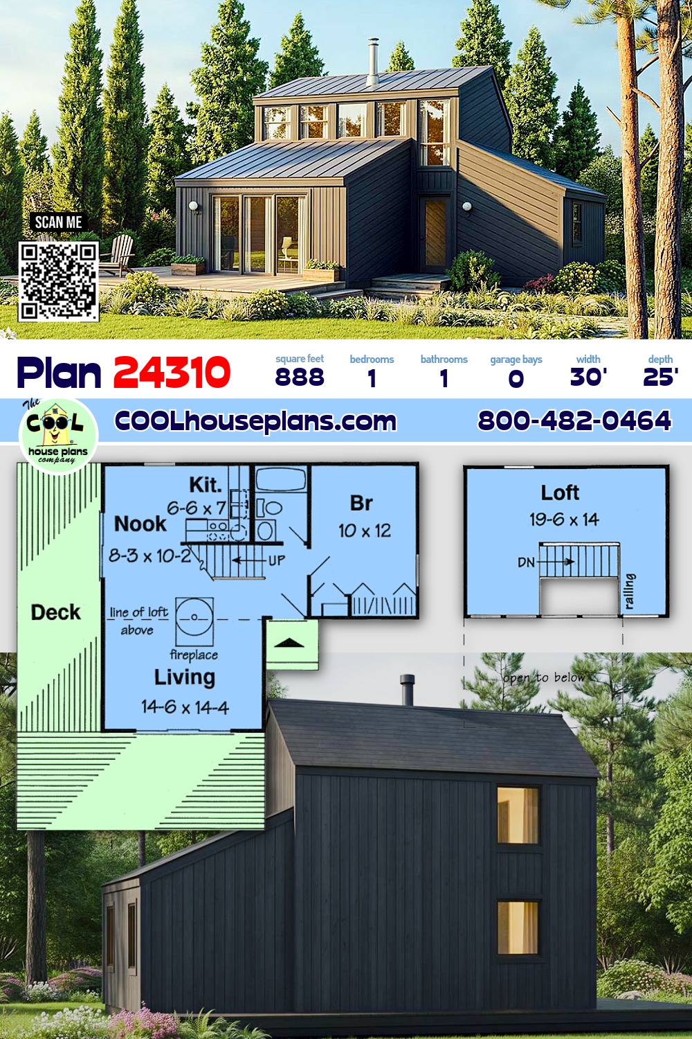 Contemporary, Retro House Plan 24310 with 1 Beds, 1 Baths