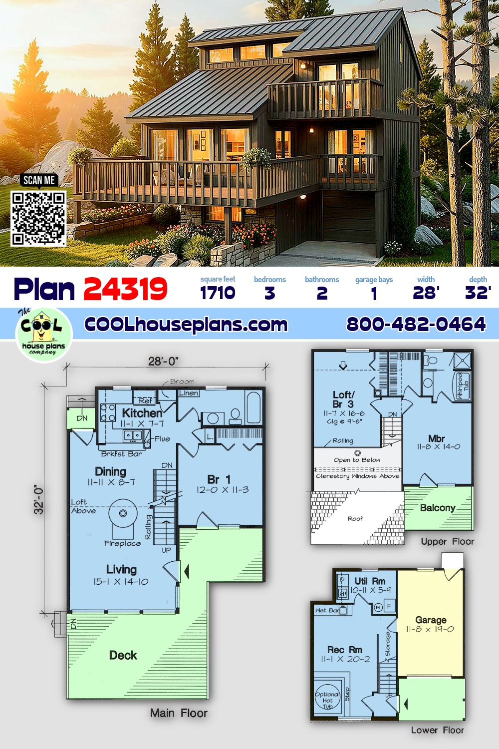 Contemporary, Retro, Saltbox House Plan 24319 with 3 Beds, 2 Baths, 1 Car Garage
