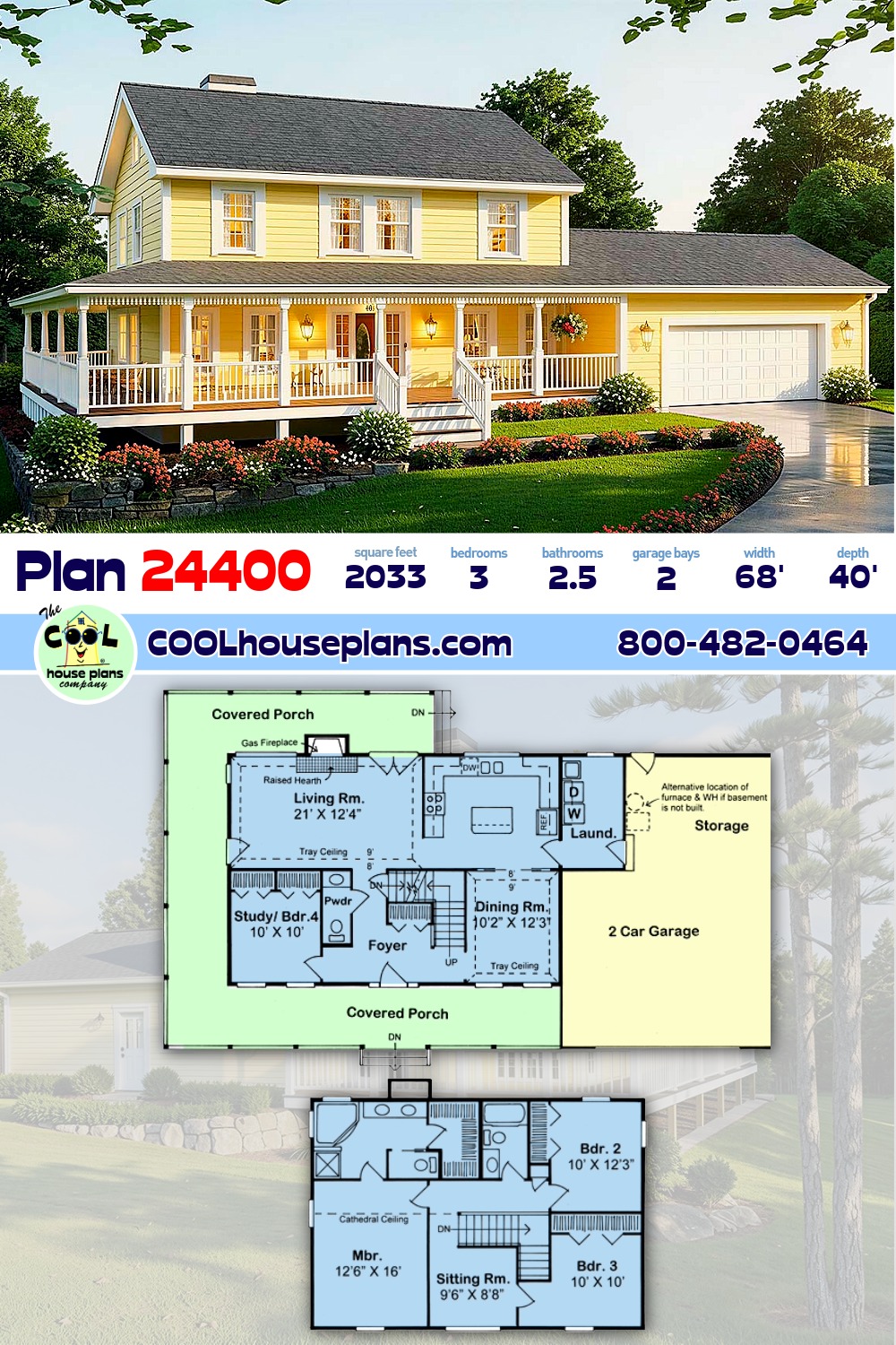 Country, Farmhouse, Traditional House Plan 24400 with 3 Beds, 3 Baths, 2 Car Garage