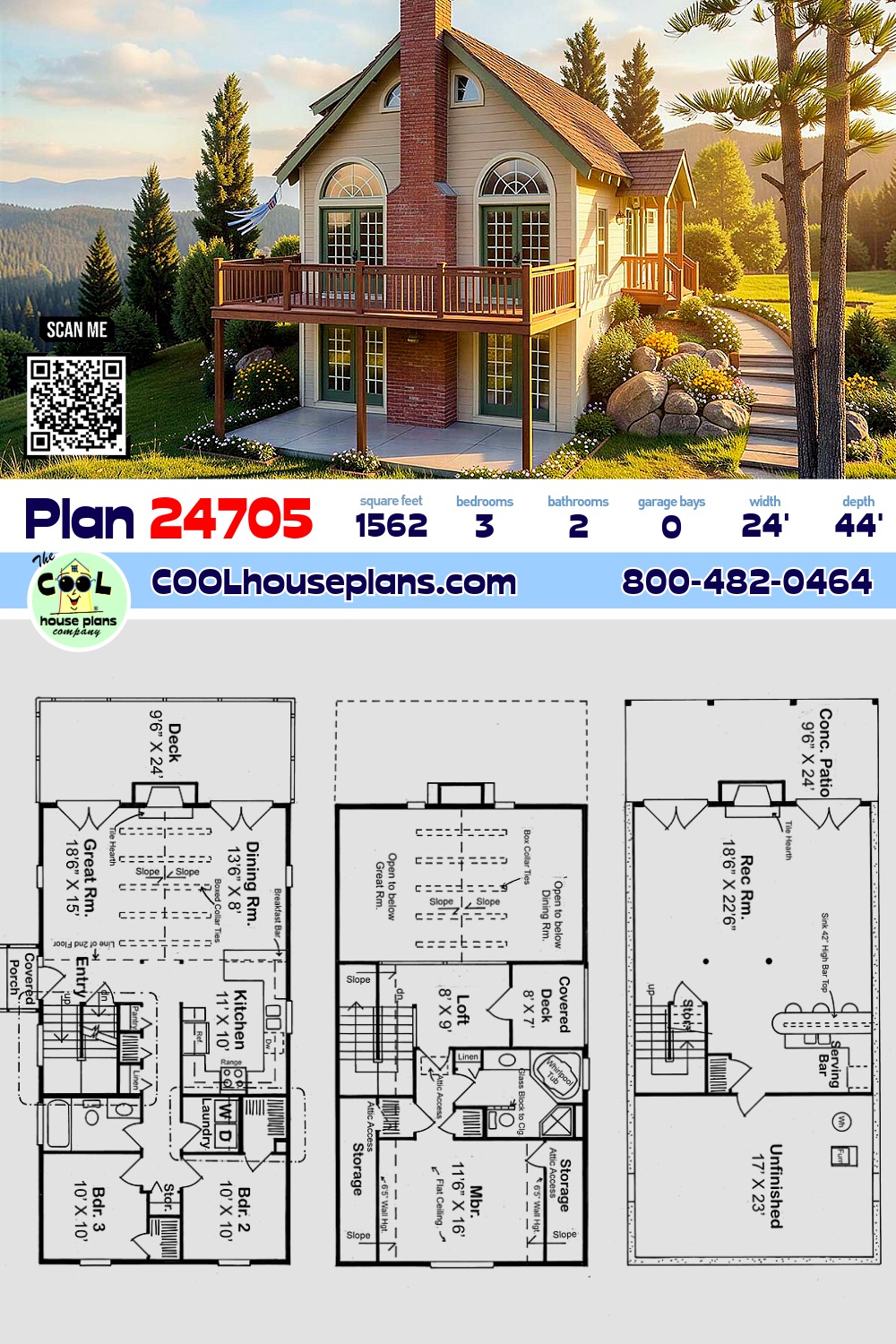 Cabin, Cottage, Traditional House Plan 24705 with 3 Beds, 2 Baths
