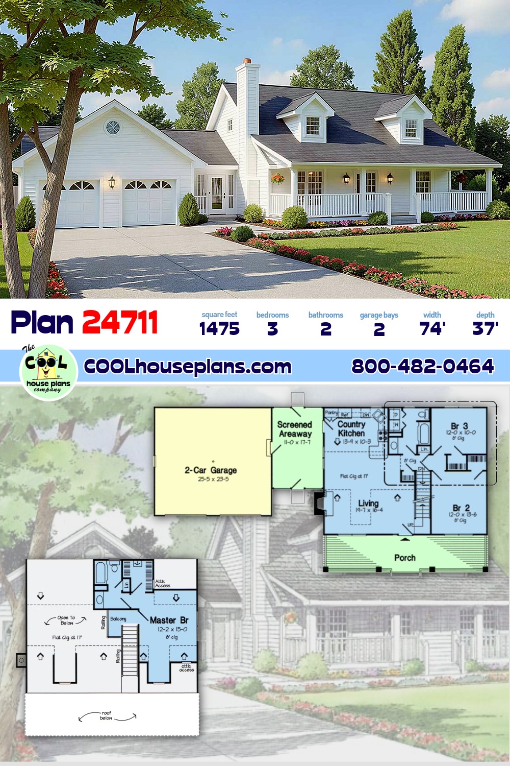 Country, Southern House Plan 24711 with 3 Beds, 2 Baths, 2 Car Garage