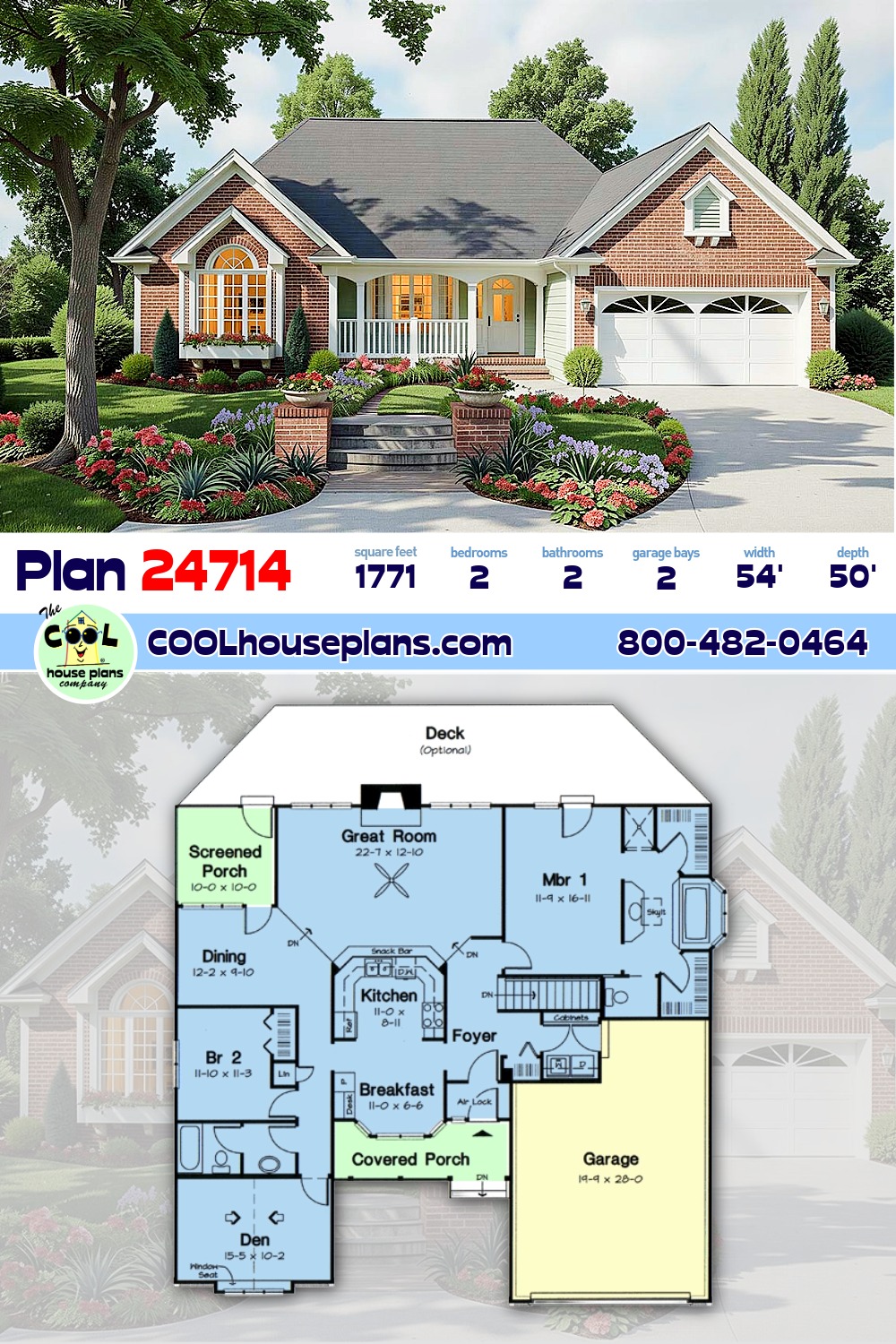 Country, Ranch, Traditional House Plan 24714 with 2 Beds, 2 Baths, 2 Car Garage