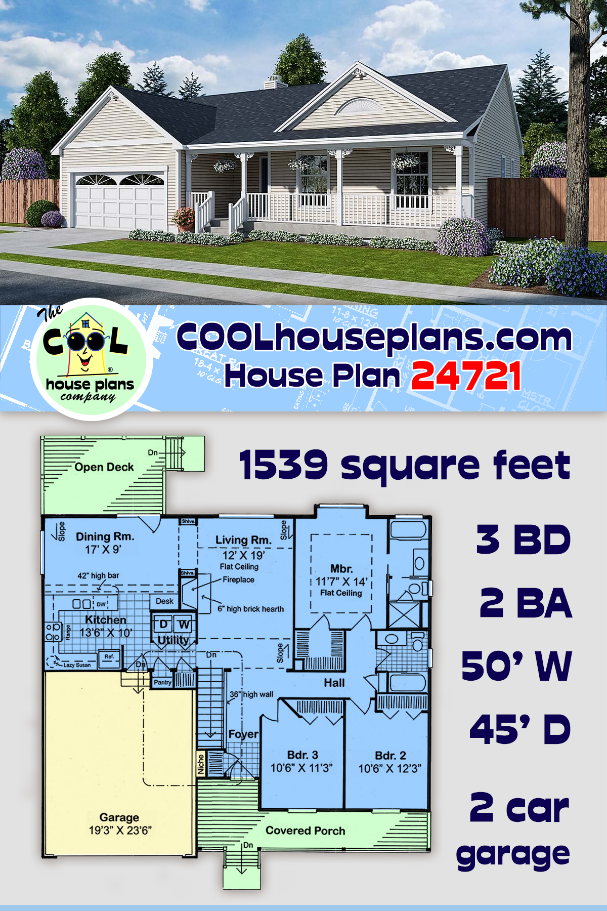 Bungalow, Country, Southern, Traditional House Plan 24721 with 3 Beds, 2 Baths, 2 Car Garage