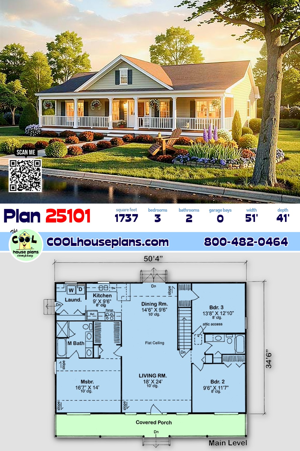 Country, Farmhouse, Ranch, Southern House Plan 25101 with 3 Beds, 2 Baths