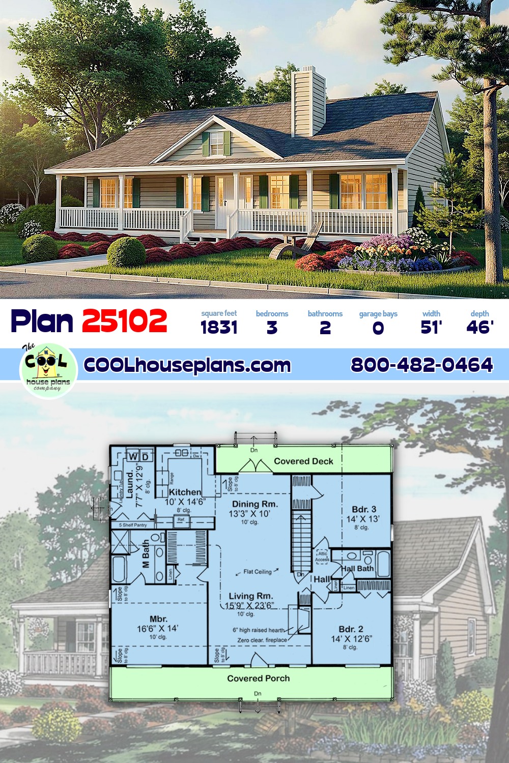 Country, Ranch, Traditional House Plan 25102 with 3 Beds, 2 Baths