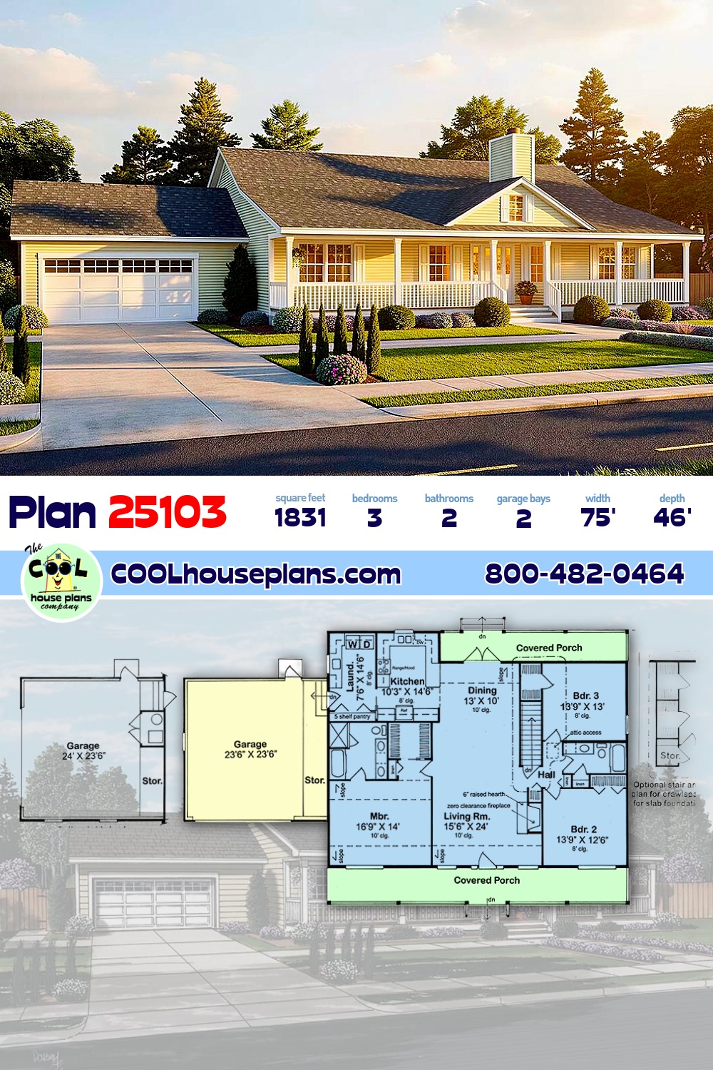Country, Ranch, Traditional House Plan 25103 with 3 Beds, 2 Baths, 2 Car Garage