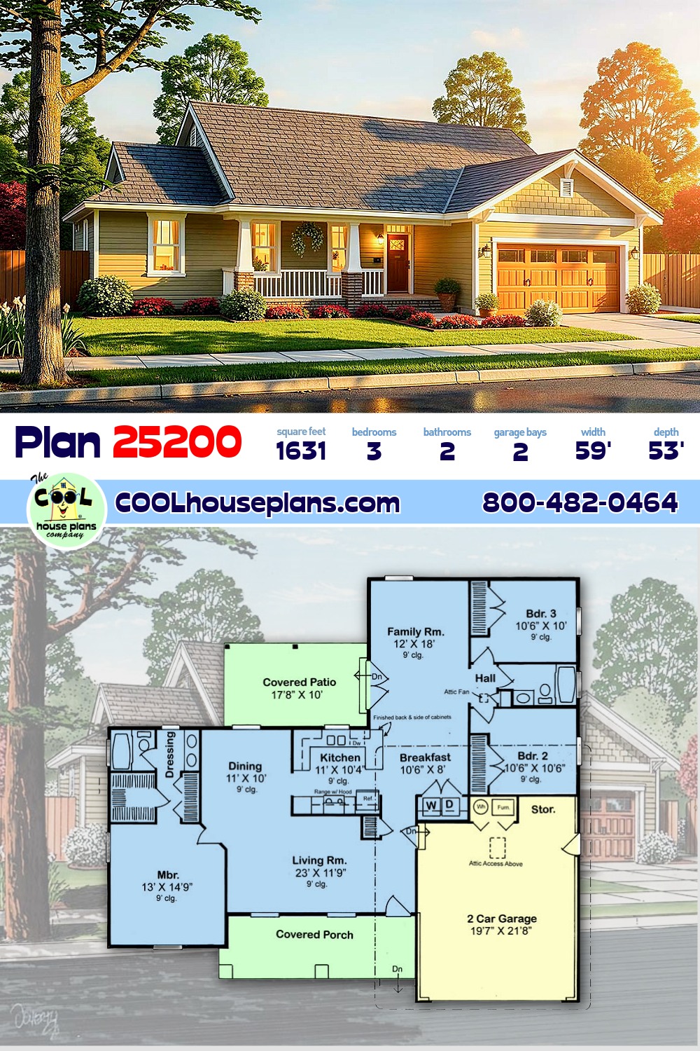 Bungalow, Craftsman House Plan 25200 with 3 Beds, 2 Baths, 2 Car Garage