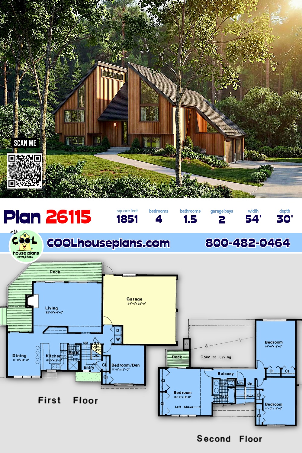 Contemporary, Modern, Retro House Plan 26115 with 4 Beds, 2 Baths, 2 Car Garage