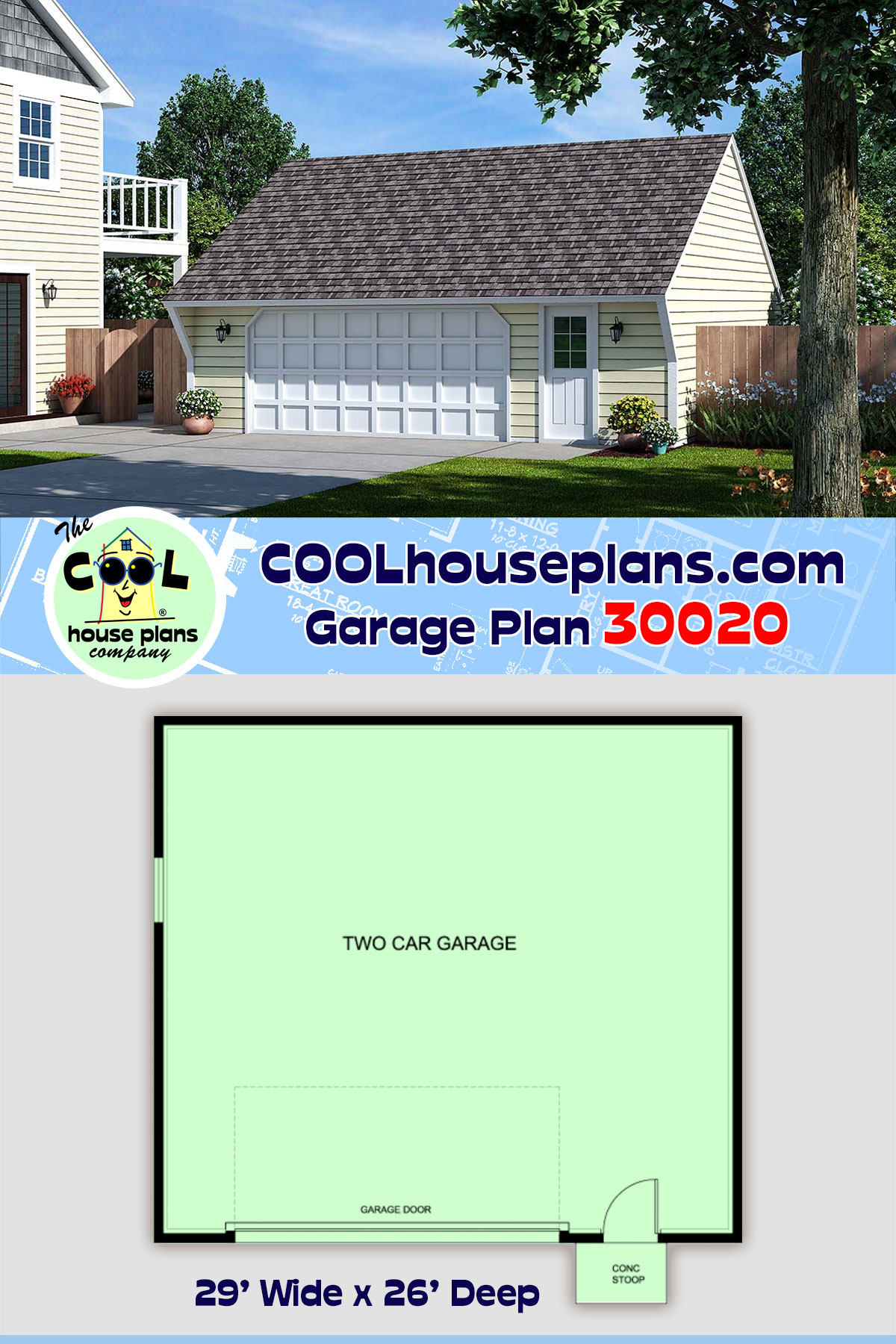Cape Cod, Saltbox, Traditional 2 Car Garage Plan 30020