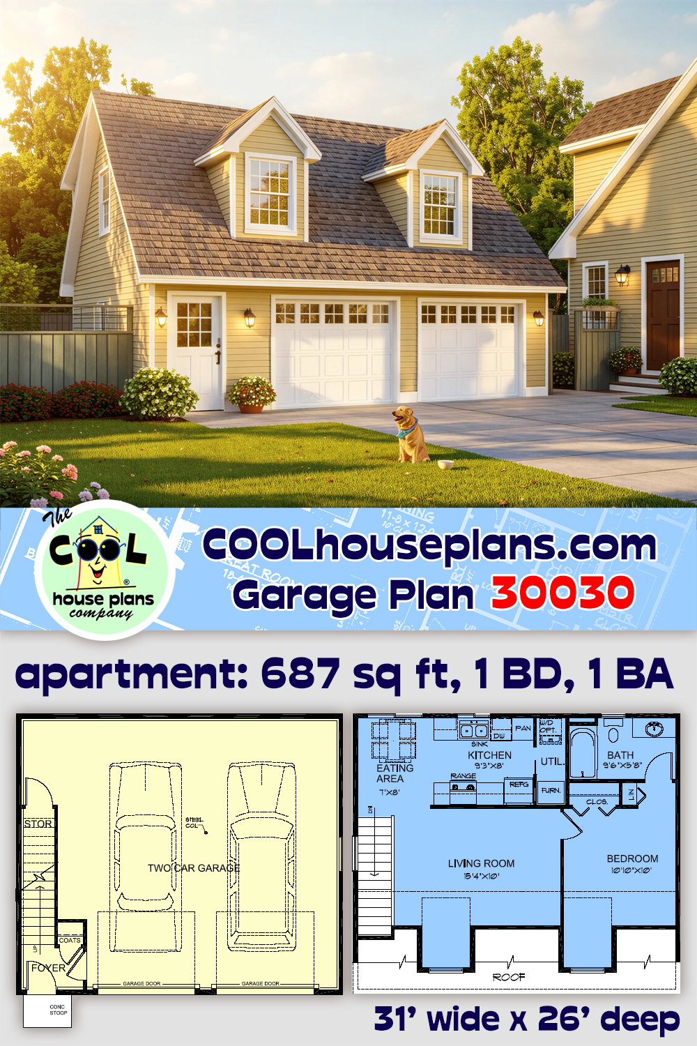 Country, Traditional 2 Car Garage Plan 30030 with 1 Beds, 1 Baths