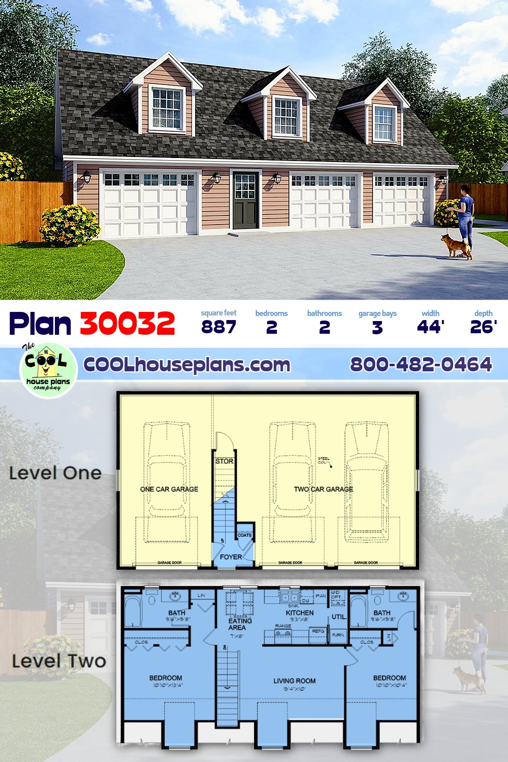 Cape Cod, Country, Traditional 3 Car Garage Plan 30032 with 2 Beds, 2 Baths