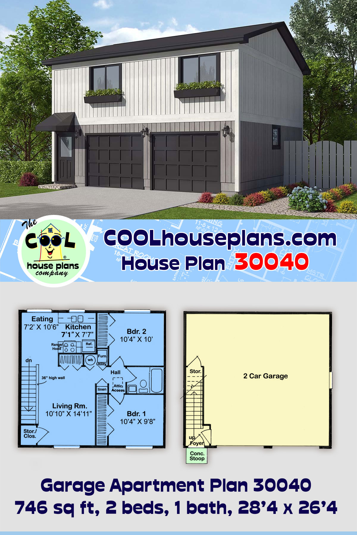 Contemporary, Modern Garage-Living Plan 30040 with 2 Beds, 1 Baths, 2 Car Garage