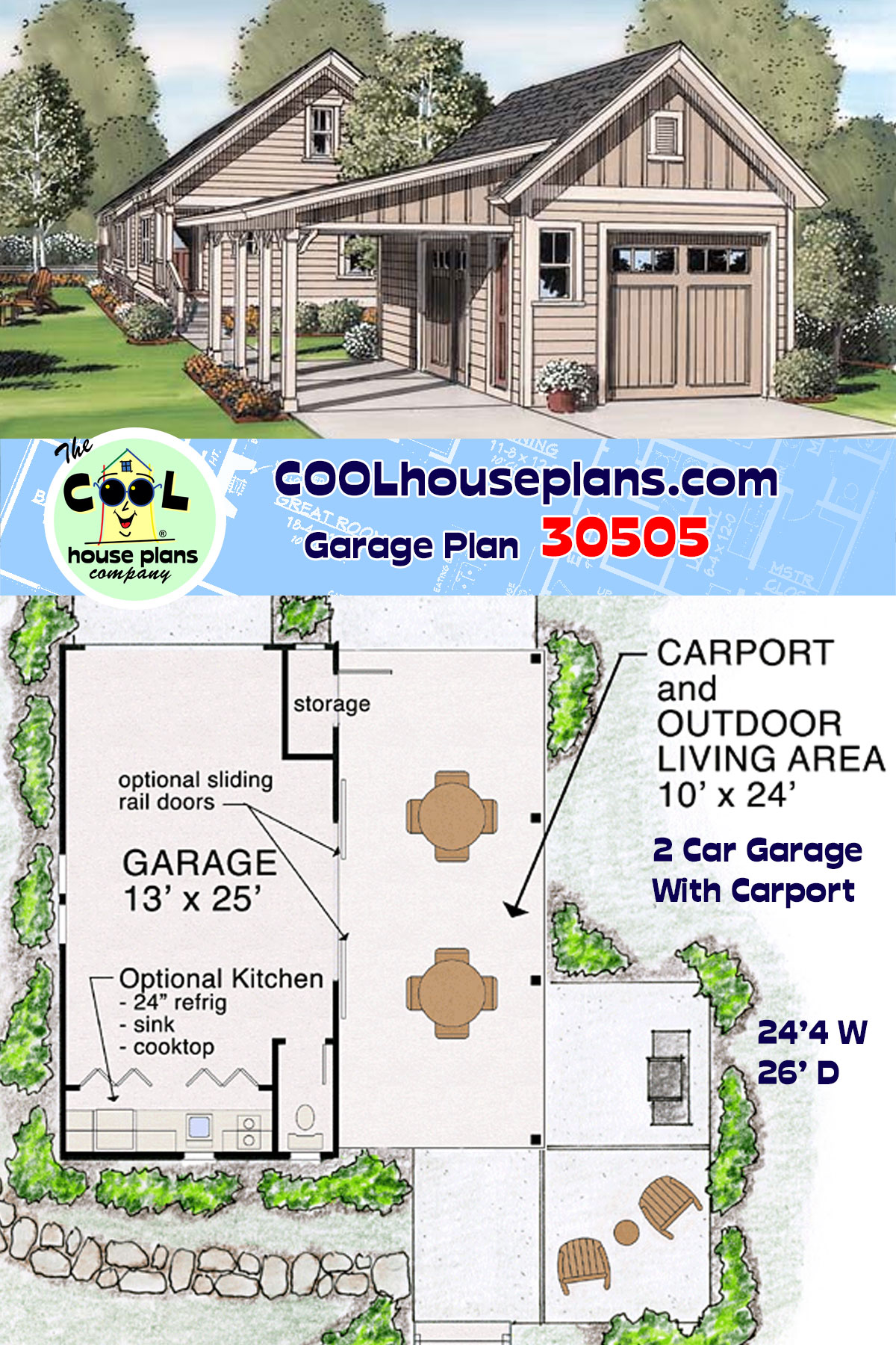 Craftsman, Farmhouse, Traditional 2 Car Garage Plan 30505