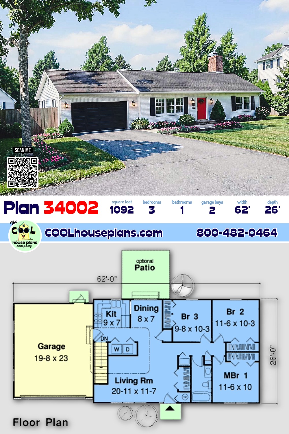 One-Story, Ranch, Traditional House Plan 34002 with 3 Beds, 1 Baths, 2 Car Garage