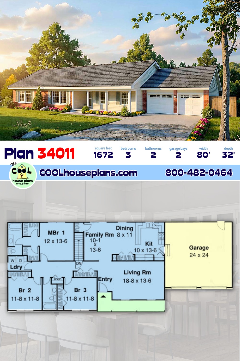 Ranch House Plan 34011 with 3 Beds, 2 Baths, 2 Car Garage