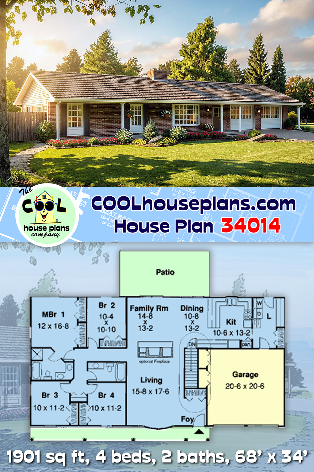One-Story, Ranch, Traditional House Plan 34014 with 4 Beds, 2 Baths, 2 Car Garage