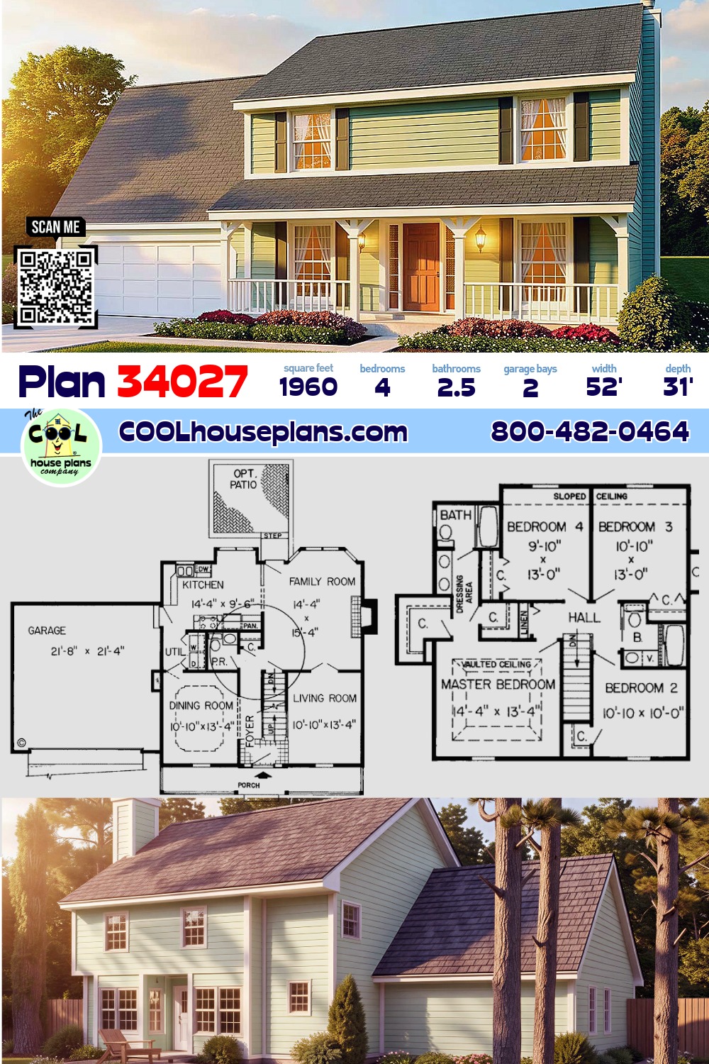 Colonial, Country, Southern, Traditional House Plan 34027 with 4 Beds, 3 Baths, 2 Car Garage