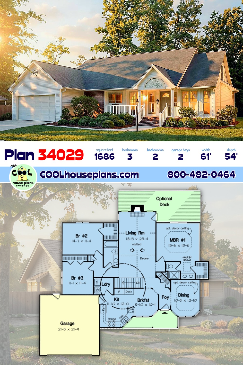 Country, European, One-Story, Ranch, Traditional House Plan 34029 with 3 Beds, 2 Baths, 2 Car Garage