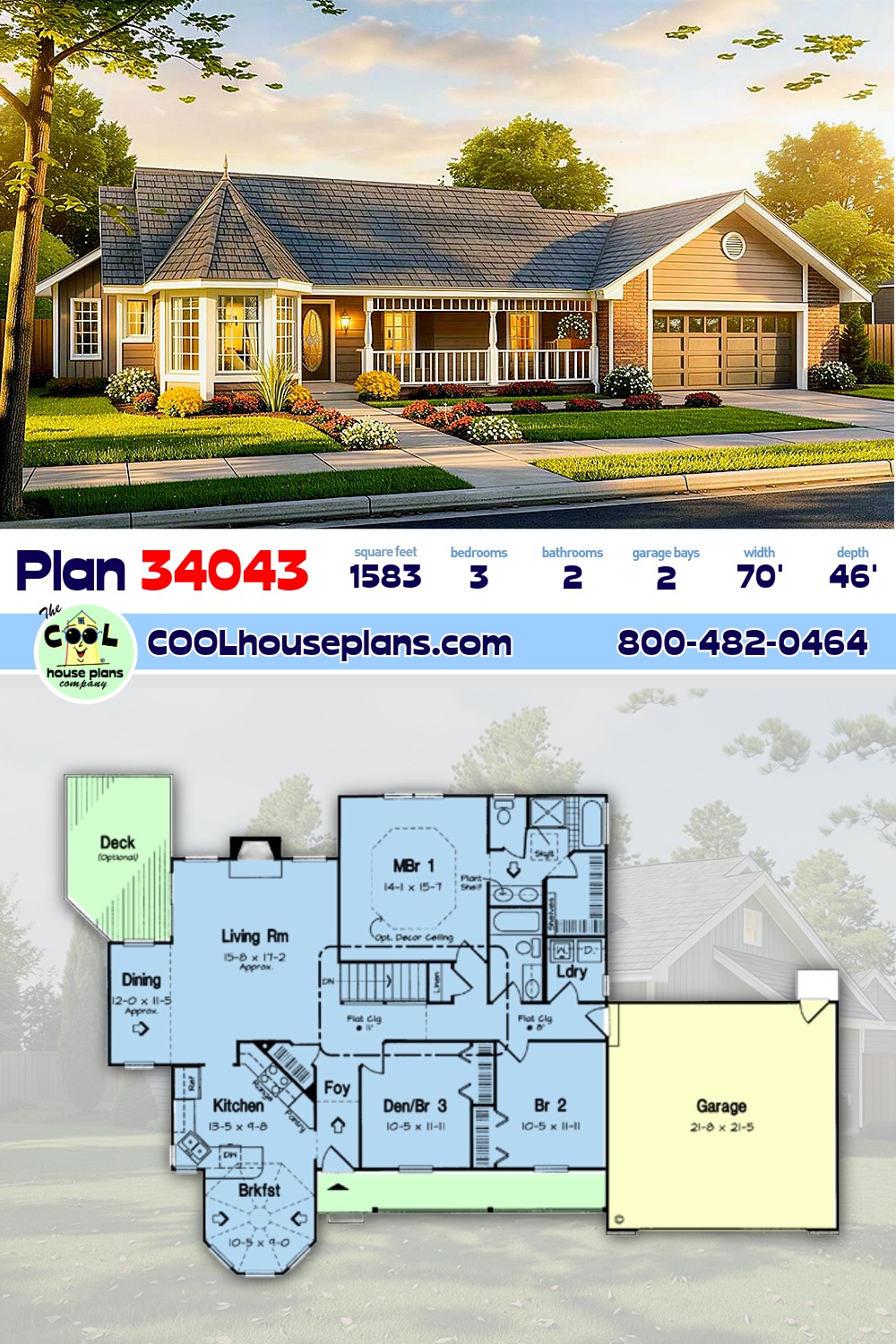 One-Story, Ranch, Victorian House Plan 34043 with 3 Beds, 2 Baths, 2 Car Garage